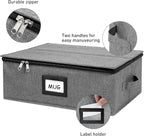 HURZMORO Mug Storage Box with 12 Compartments, Gray Hard Shell Container, Padded Dividers, Dual Handles, Zipper Lid for Coffee Cup Organization and Moving (1, Coffee Cup Storage Box)