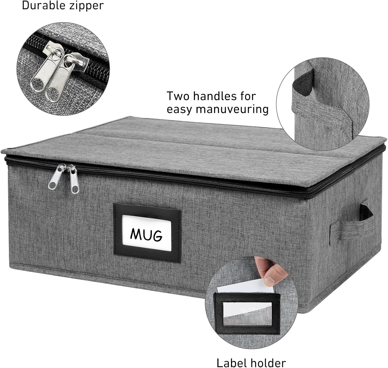 HURZMORO Mug Storage Box with 12 Compartments, Gray Hard Shell Container, Padded Dividers, Dual Handles, Zipper Lid for Coffee Cup Organization and Moving (1, Coffee Cup Storage Box)