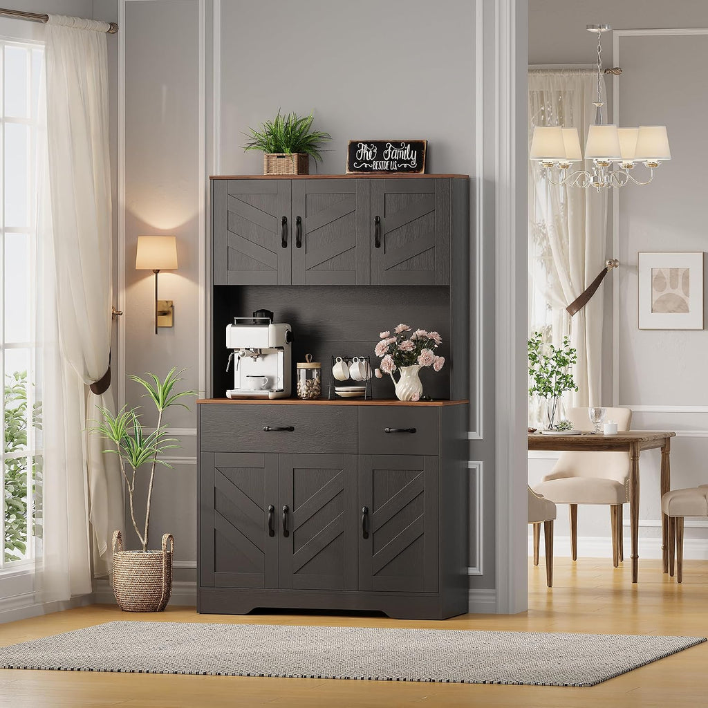 IDEALHOUSE 71" Kitchen Pantry Storage Cabinet with Charging Station, Farmhouse Kitchen Hutch Cabinet with 2 Storage Drawers, Large Food Pantry with Microwave Stand for Dining Room,Living Room,Black