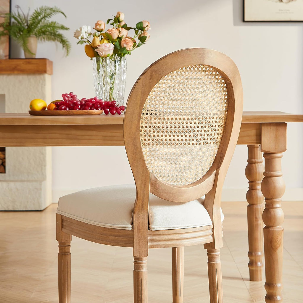 Nrizc Farmhouse Fabric Dining Room Chairs Set of 6, French Chairs with Round Back, Woven Rattan Dining Chair, Oval Side Chair for Dining Room/Kitchen/Restaurant