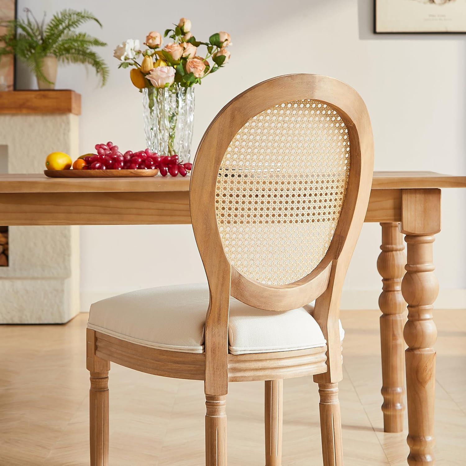 Nrizc Farmhouse Fabric Dining Room Chairs Set of 6, French Chairs with Round Back, Woven Rattan Dining Chair, Oval Side Chair for Dining Room/Kitchen/Restaurant