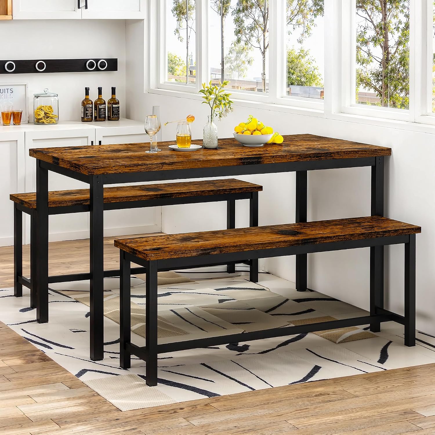 Lamerge Dining Room Table Set with 2 Benches, Dining Table Set for 4-6, Kitchen Table Set for Home Kitchen, Dining Room, Restaurant, Space Saving, Rustic, 3 Pieces Dining Furniture Set (05-Brown)