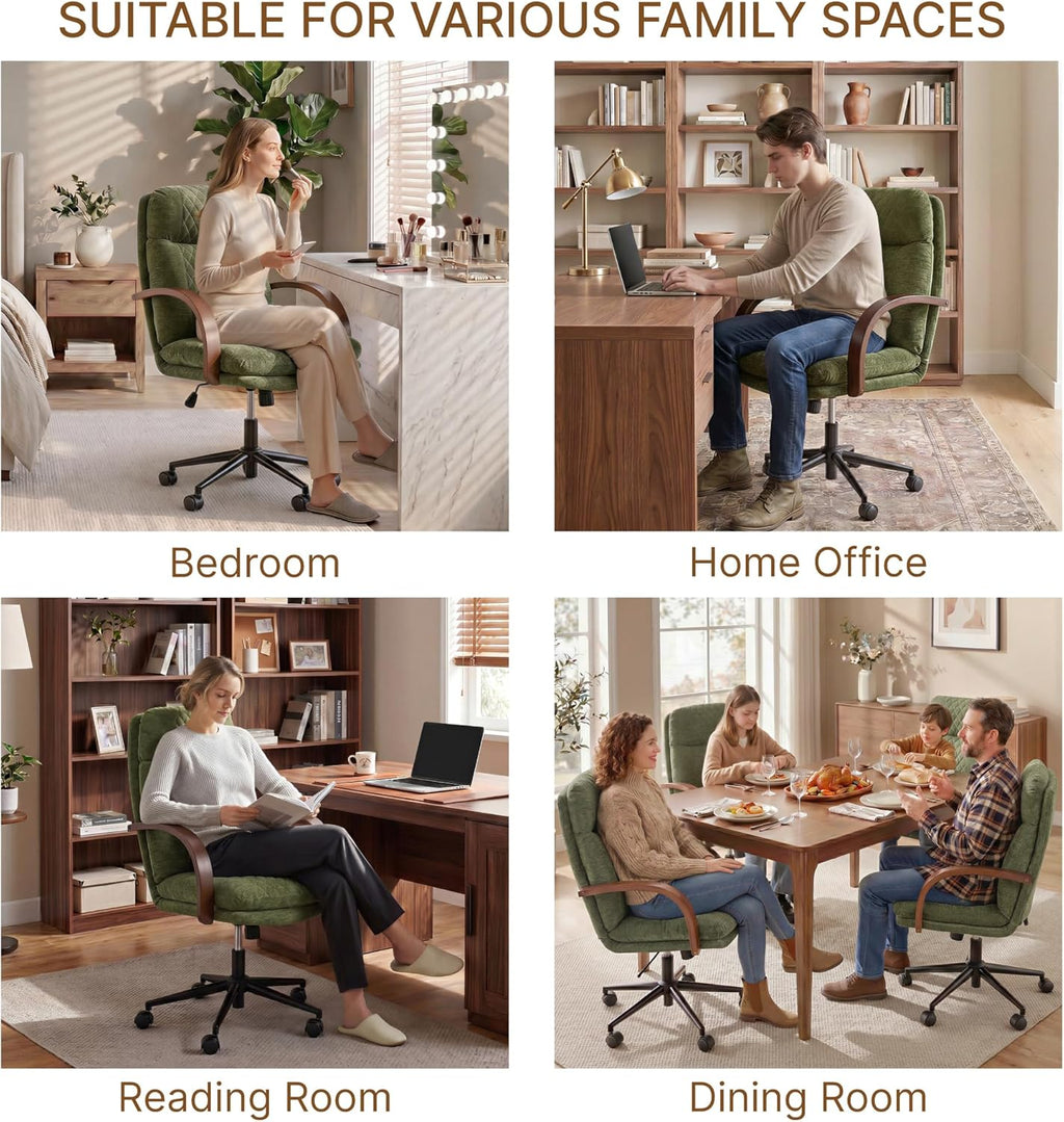 KISLOT Home Office Desk Chair, Ergonomic Office Chair with Lumbar Support, Adjustable Swivel Computer Chair with Wheels, Fabric Executive Task Chair with Wood Arms, Moss Green
