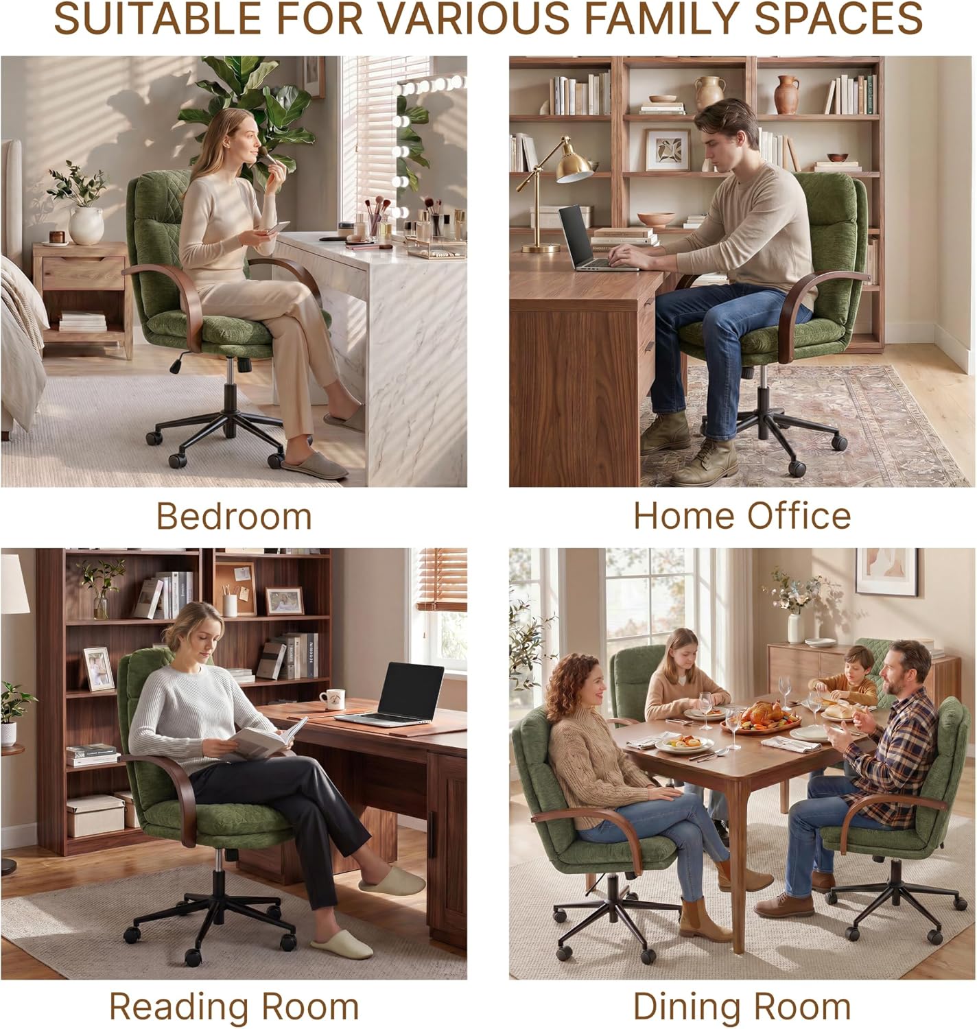 KISLOT Home Office Desk Chair, Ergonomic Office Chair with Lumbar Support, Adjustable Swivel Computer Chair with Wheels, Fabric Executive Task Chair with Wood Arms, Moss Green