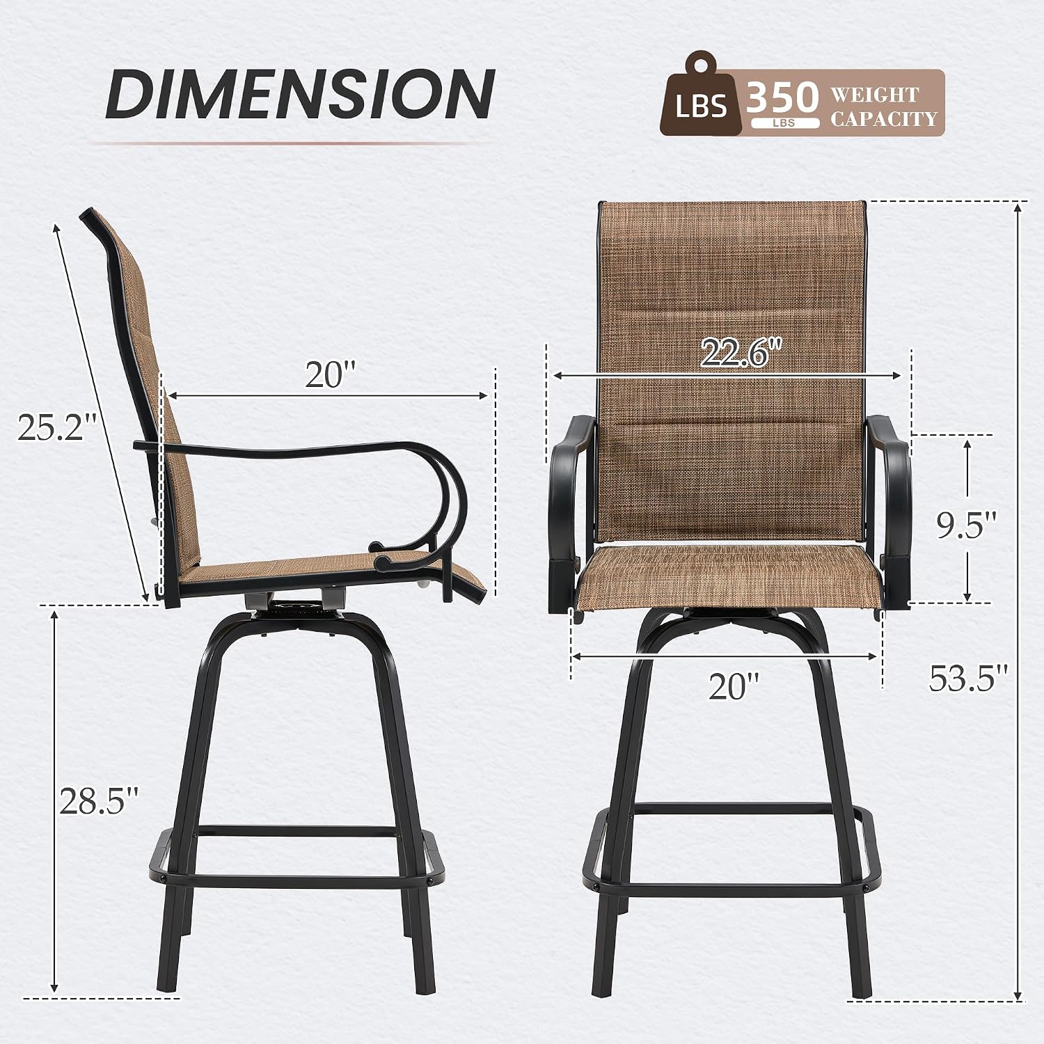 HOMREST Outdoor Swivel Bar Stools Set of 2, High Patio Swivel Bar Chairs with Padded Back & Seat, All-Weather Textilene Tall Patio Chair with Curved Armrest & Metal Footrest for Outside,Dark Brown