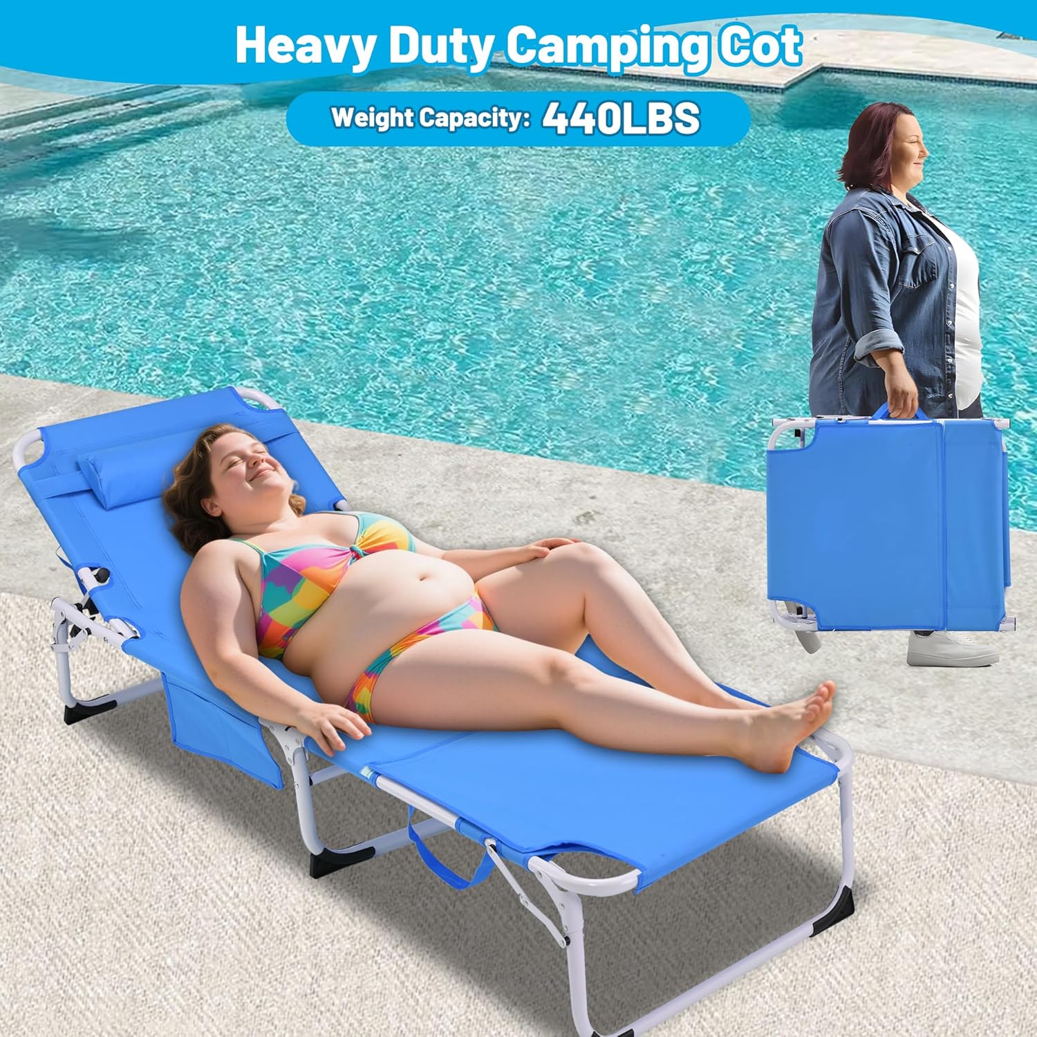 3 in 1 Heavy Duty Tanning Chair with Face Hole, Outside Portable Lay Flat Beach Lounge Chair, 5 Position Folding Chaise Lounge Chairs for Beach, Pool, Lawn, Patio, Blue