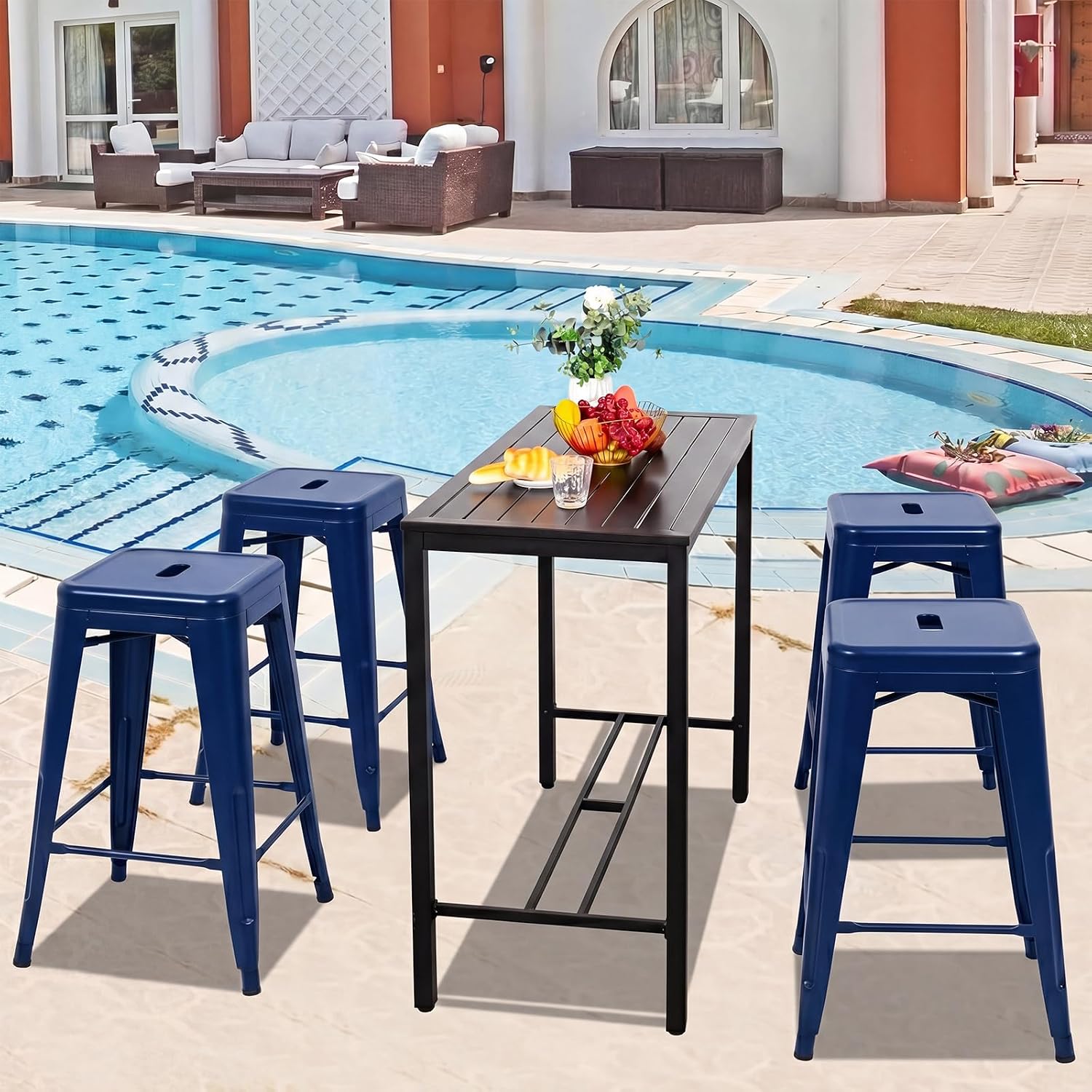 DUMOS Metal Bar Stools Set of 4, 24in Stackable Counter Height Bar Stools, Backless Restaurant Chairs for Kitchen Island, Indoor Outdoor Use, Classic Trattoria Barstools for Dining Room, Blue