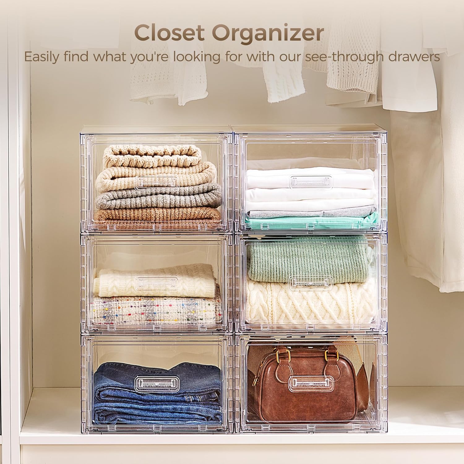 Vtopmart 4 Pack Clear Stackable Storage Drawers 15QT, Easily Assemble Closet Organizers,Plastic Storage Bins for Bathroom,Cabinet,Kitchen Pantry,Under Sink Organization(Medium)