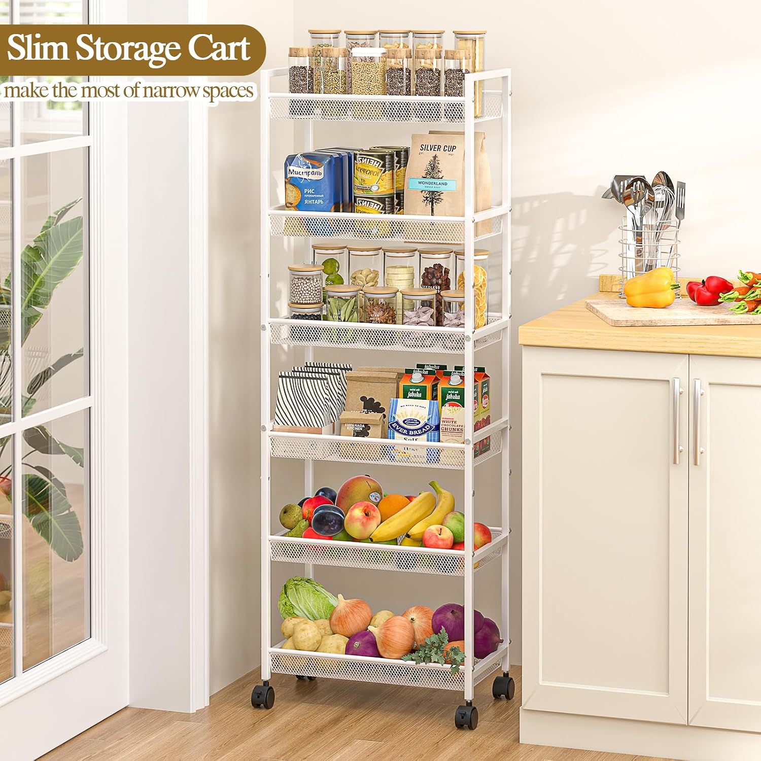6 Tier Slim Rolling Storage Cart, Narrow Mobile Shelving Unit Organizer Utility Cart with Wheels, Metal Wire Storage Rack with Baskets for Kitchen, Bathroom, Laundry & Living Room, 10in(W) White