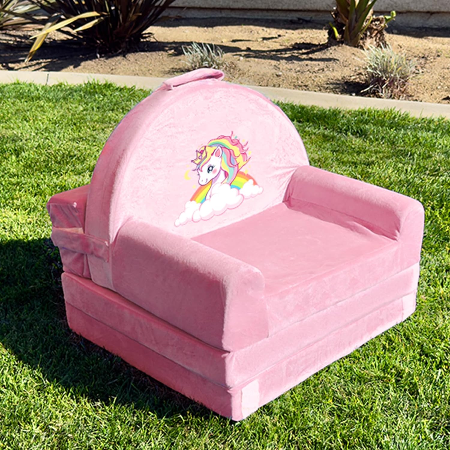 Unicorn Kids Sofa Bed with Removable Washable Cover & Hook and Loop Backrest – Foldable Toddler Chair, Cozy Crystal Velvet Furniture for Playtime, Naps & Travel (Pink, Unicorn Design)