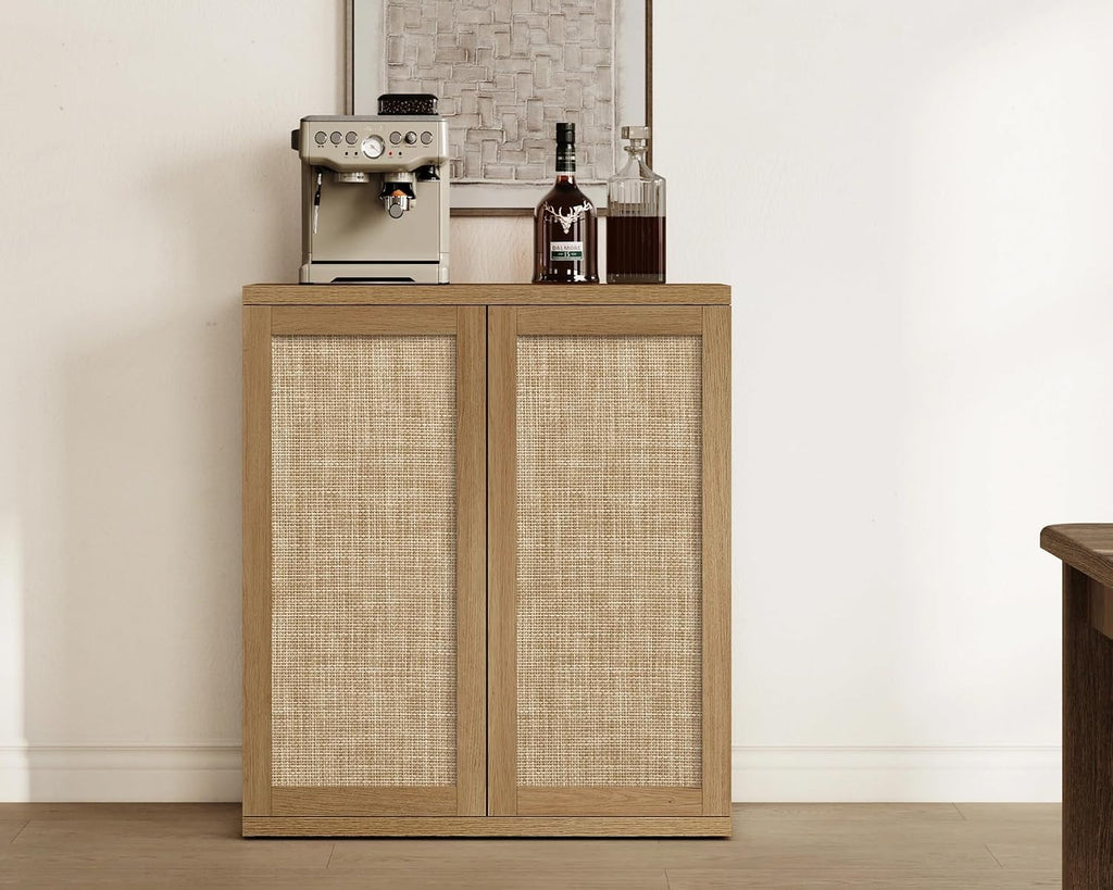 SICOTAS Rattan Sideboard Storage Cabinet - Boho Credenza Coffee Bar Cabinet with Doors & Adjustable Shelves, Large Farmhouse Buffet Console Table for Living Room, Kitchen, Entryway