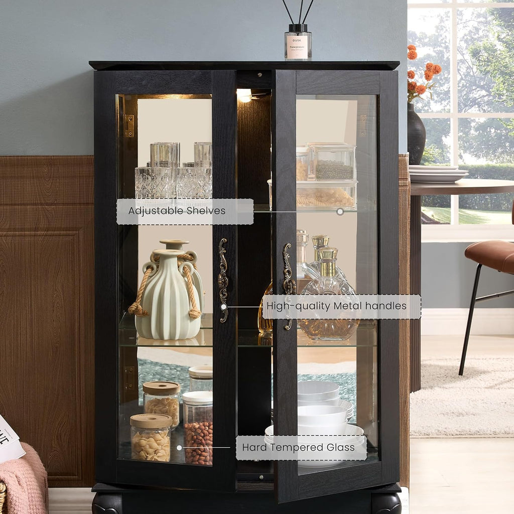 44" Small Lighted Glass Accent Curio Cabinet, Vintage China Cage with 2 Tempered Glass Doors & Adjustable Shelves, Acrylic Mirrored Pane, Elegant Wine Artwork Showcase for Living Room/Kitchen (Black)