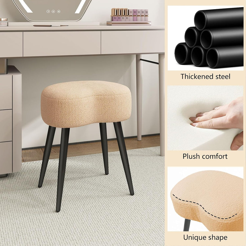 Teddy Velvet Vanity Stool, Upholstered Makeup Chair with Sturdy Metal Legs, Soft Padded Ottoman Footrest, Modern Accent Stool for Bedroom, Living Room, Entryway (Camel, 17.7in H)