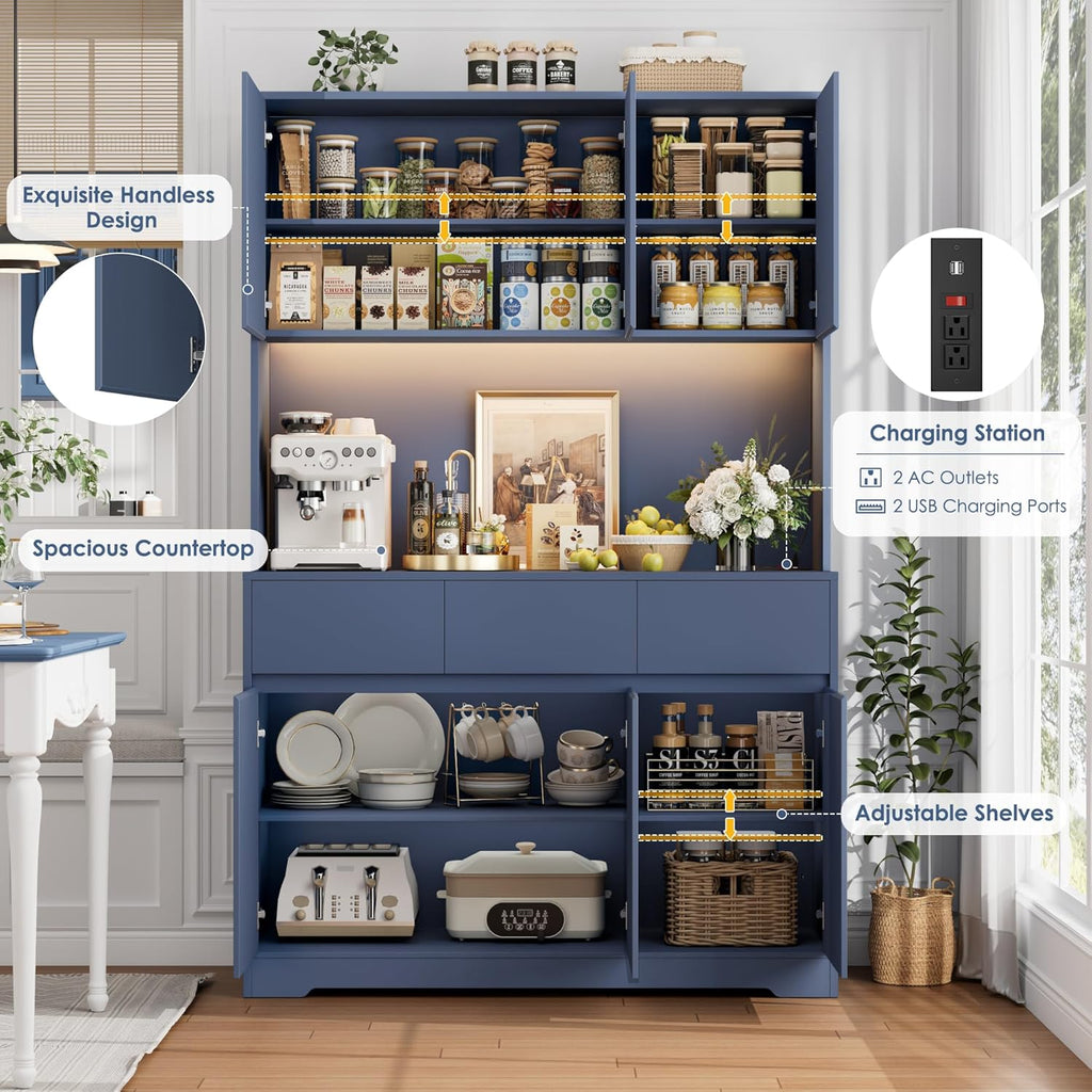 FINETONES 71" Pantry Cabinet with Power Outlets and Led Lights, Large Kitchen Hutch Storage with Microwave Stand, Tall Pantry Kitchen Cabinet with Cupboard, Blue