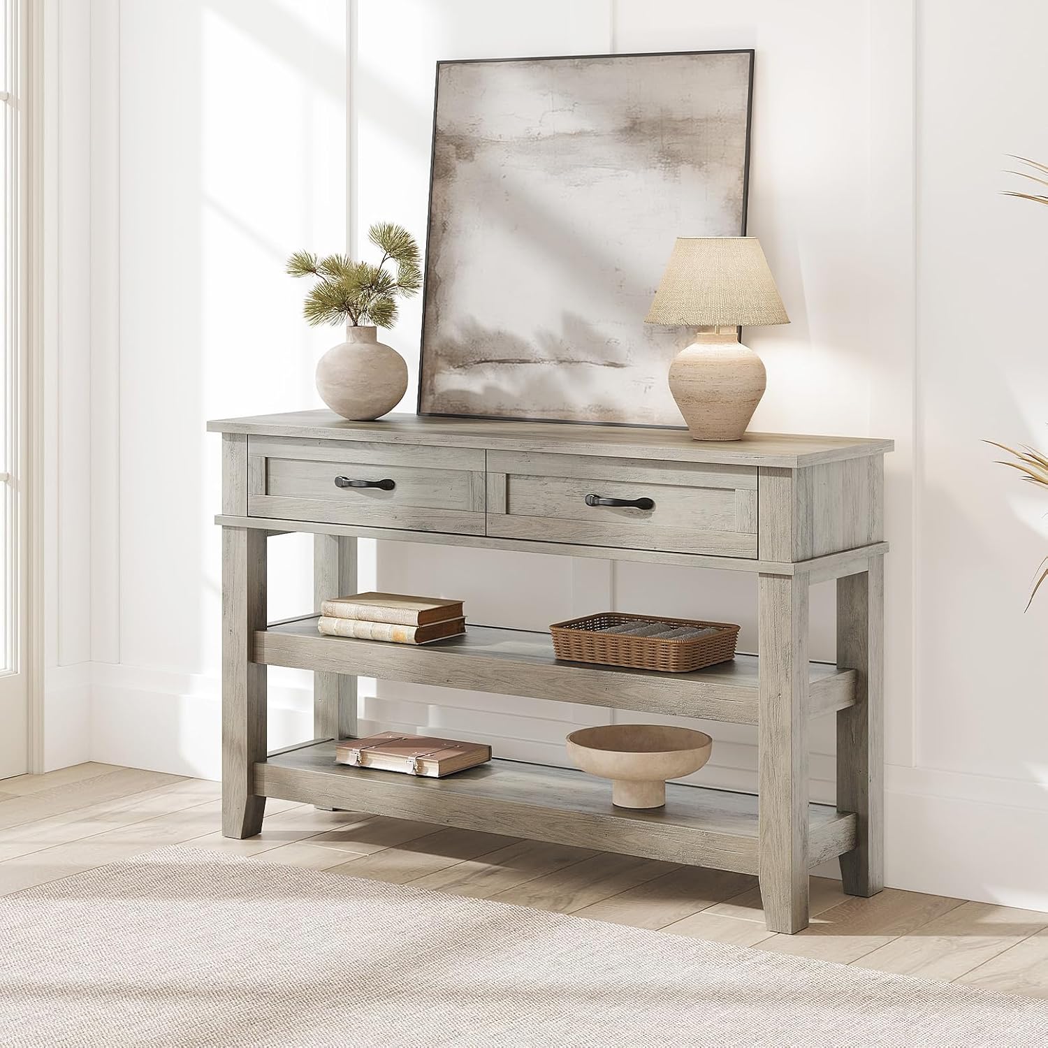 GarveeHome Entryway Table, Console Table with 2 Storage Drawers, 3 Tier Farmhouse Wooden Sofa Table, Hallway Tables for Entryway, Living Room, Rustic Grey