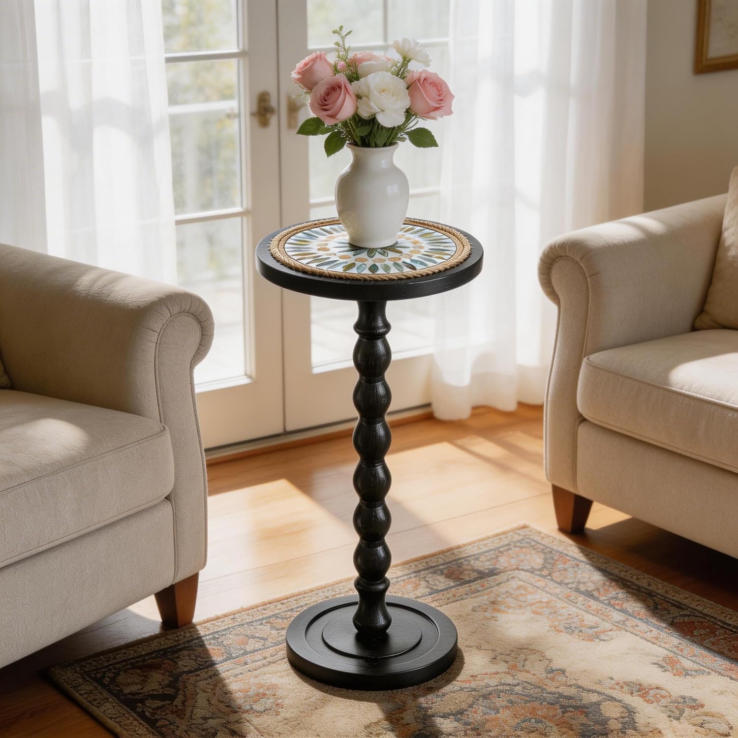 Round Side Table, Small Drink Table for Small Spaces, Rustic Accent Nightstand with Solid Wood Leg for Living Room, Bedroom, Corners, and Office, Handcrafted Finish (Black)