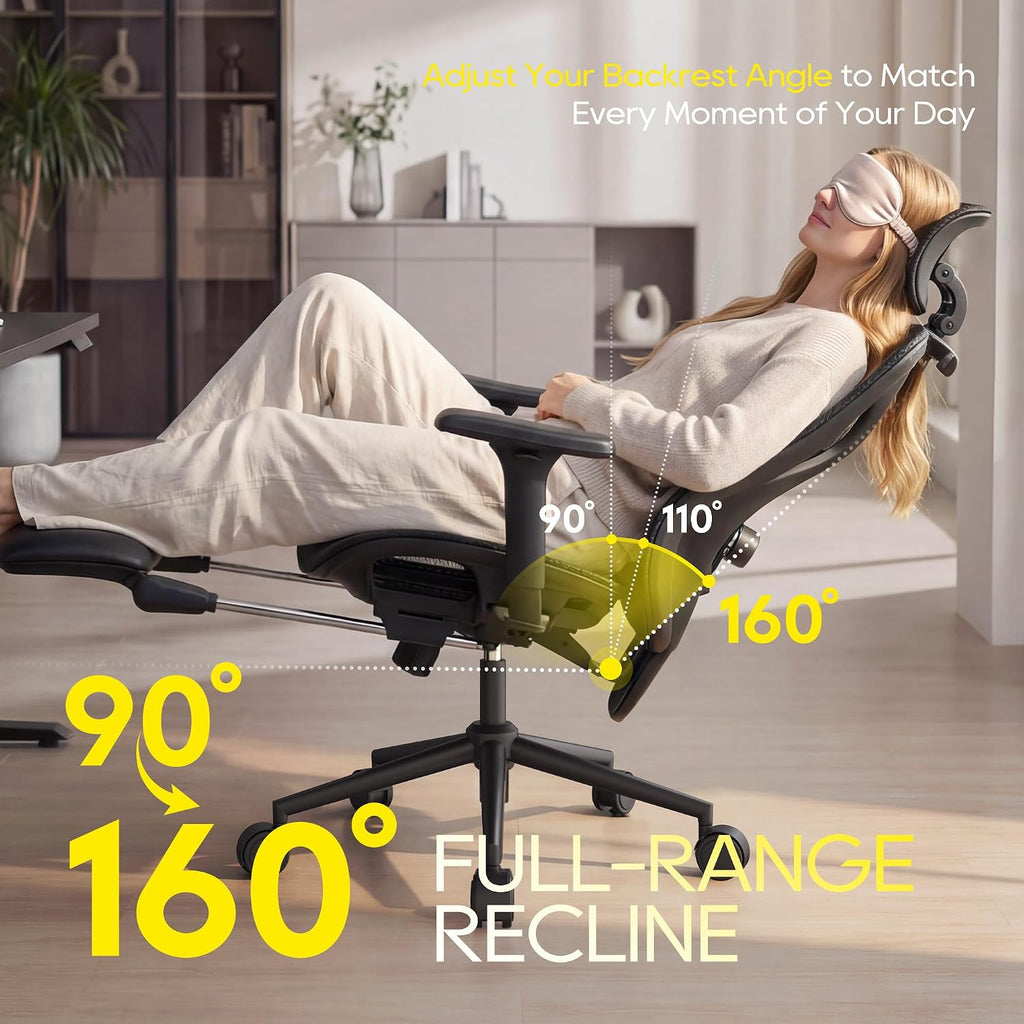 CYKOV Ergonomic Office Chair with Footrest - Adjustable Lumbar Support & Headrest, 90-160° Reclining Mesh Back Computer Chair - Home Office/Gaming, 350lbs Capacity (B-Black, Mesh)