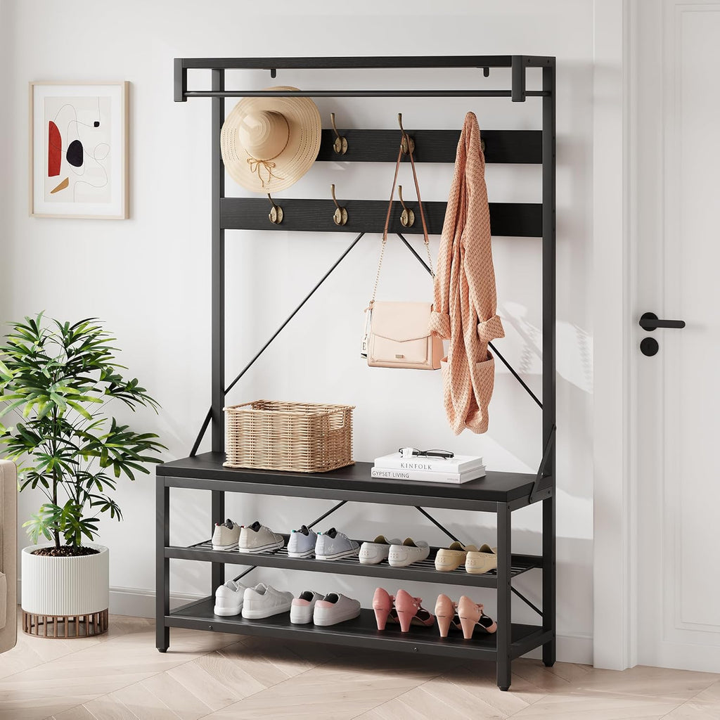40" Industrial Hall Tree, 3-in-1 Entryway Coat Rack Shoe Bench with 8 Hooks & 3-Tier Storage Shelf, Heavy Duty Metal Frame Mudroom Organizer, Black