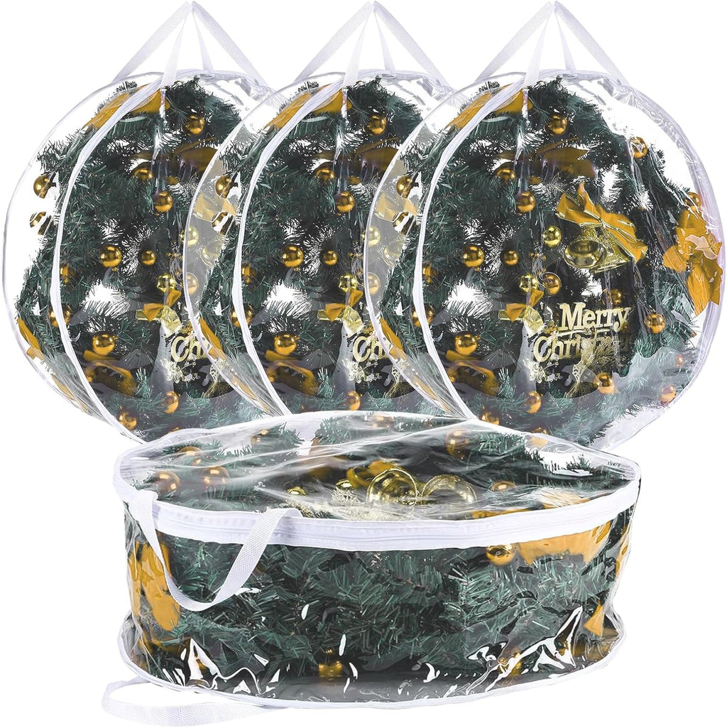4 PCS Clear Wreath Storage Bag, 24x8 Inch Christmas Wreath Storage Container, Heavy Duty PVC Wreath Protector with Handle for Xmas Holiday Seasonal Wreath Garland (White)
