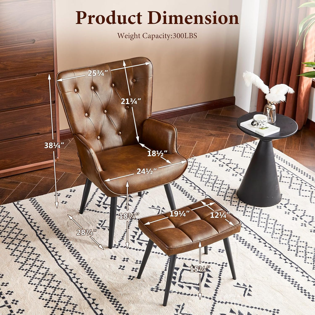 Furniliving PU Leather Accent Chair with Ottoman, Upholstered Reading Chair with High Backrest, Tufted-Button Wingback Armchair for Bedroom, Dressing Room, Home Office, Brown