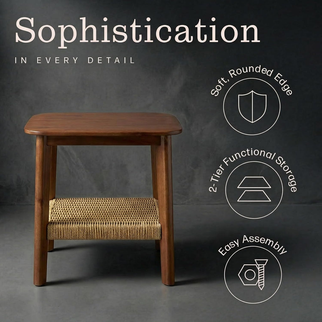 Alaterre Furniture Calais 2-Tier Solid Wood End Table with Woven Storage Shelf – Set of 2 Mid Century Modern Nightstand or Side Table for Living Room, or Bedroom (Chestnut)