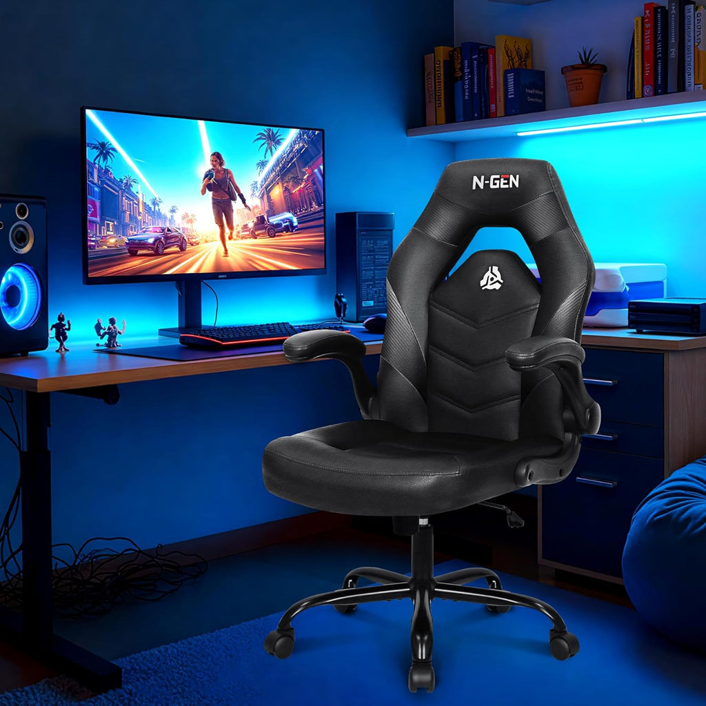 N-GEN Video Gaming Chair Ergonomic Computer Desk Office Chair with Lumbar Support Adjustable Height Swivel Wheels Flip-Up Arms PU Leather Home and Office (Black)
