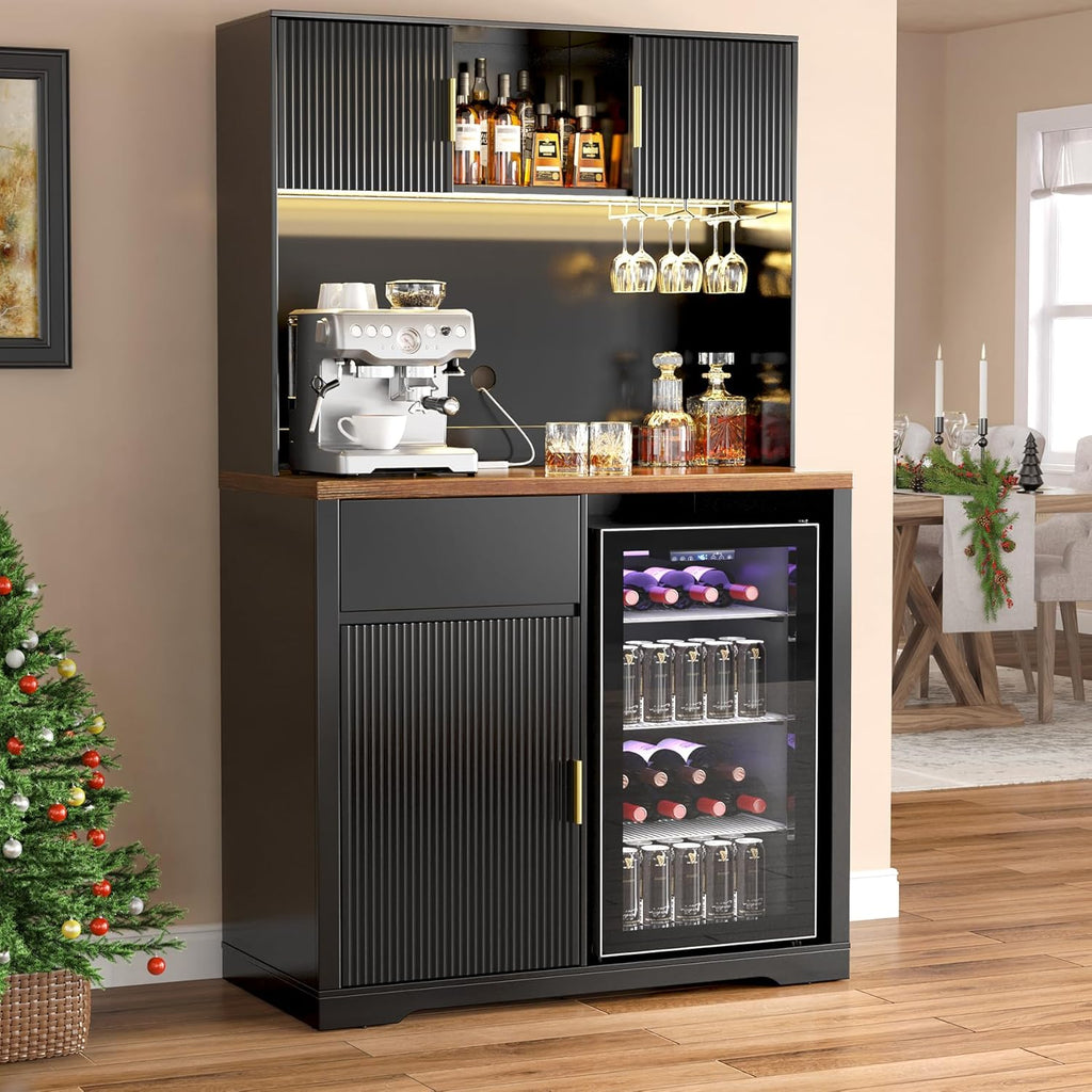 GDLF 72" Tall Bar Cabinet with Fridge Space, Fluted Coffee Liquor Hutch Cabinet with Storage, Tall Home Bar with LED Light & Power Outlet for Kitchen Dining Room or Living Area