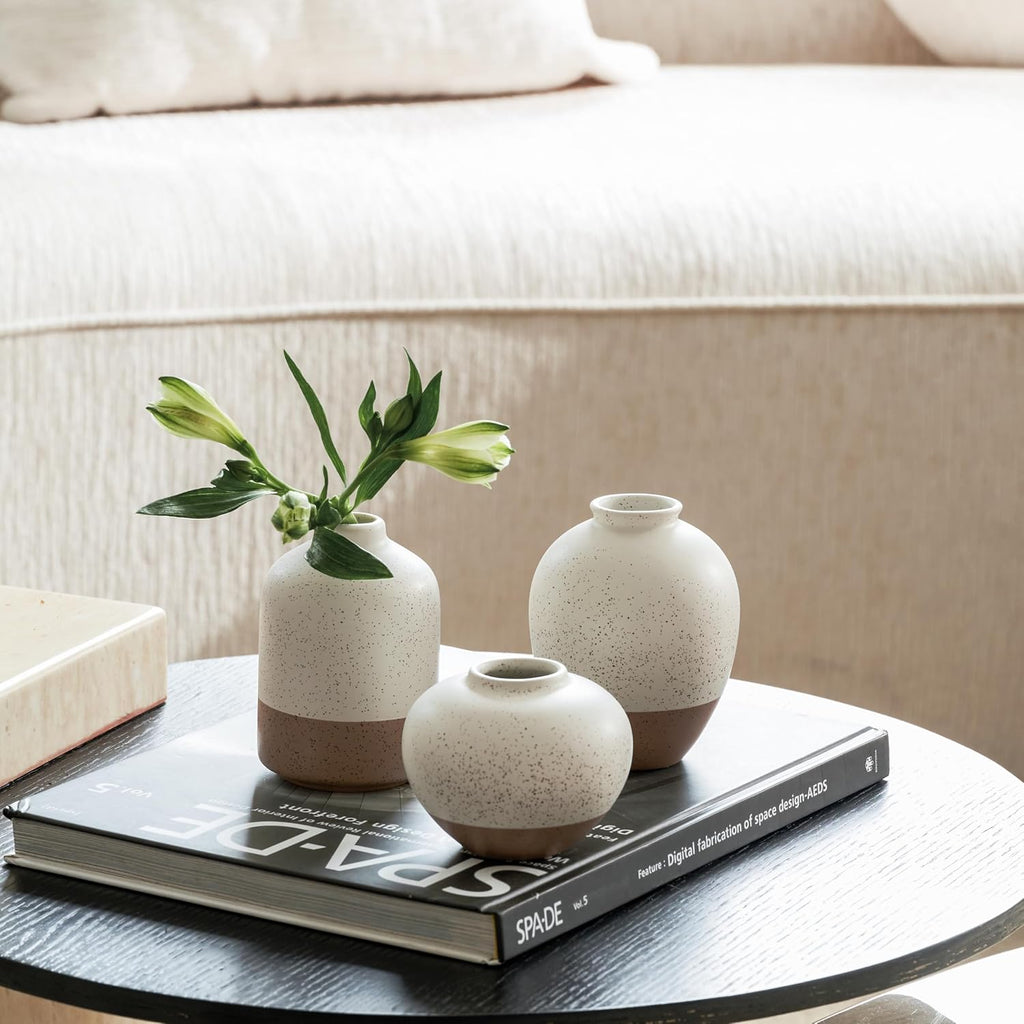 Ceramic Vase Set of 3, Vases Home Decor Rustic Farmhouse Decor, Small Pottery Vases for Bouquet Pampas Grass Dried Fresh Flowers, Living Room, Kitchen, Bedroom, Bathroom, Mantel Decor - Beige&Brown