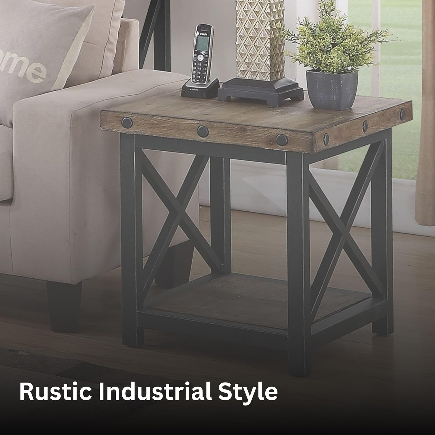 Flexsteel Craftsman Solid Acacia Wood End Table, Rustic Industrial with Lower Shelf, Hand Worked Metal Frame, Distressed Side Table Living Room Furniture, Farmhouse Nightstand (Light Brown)