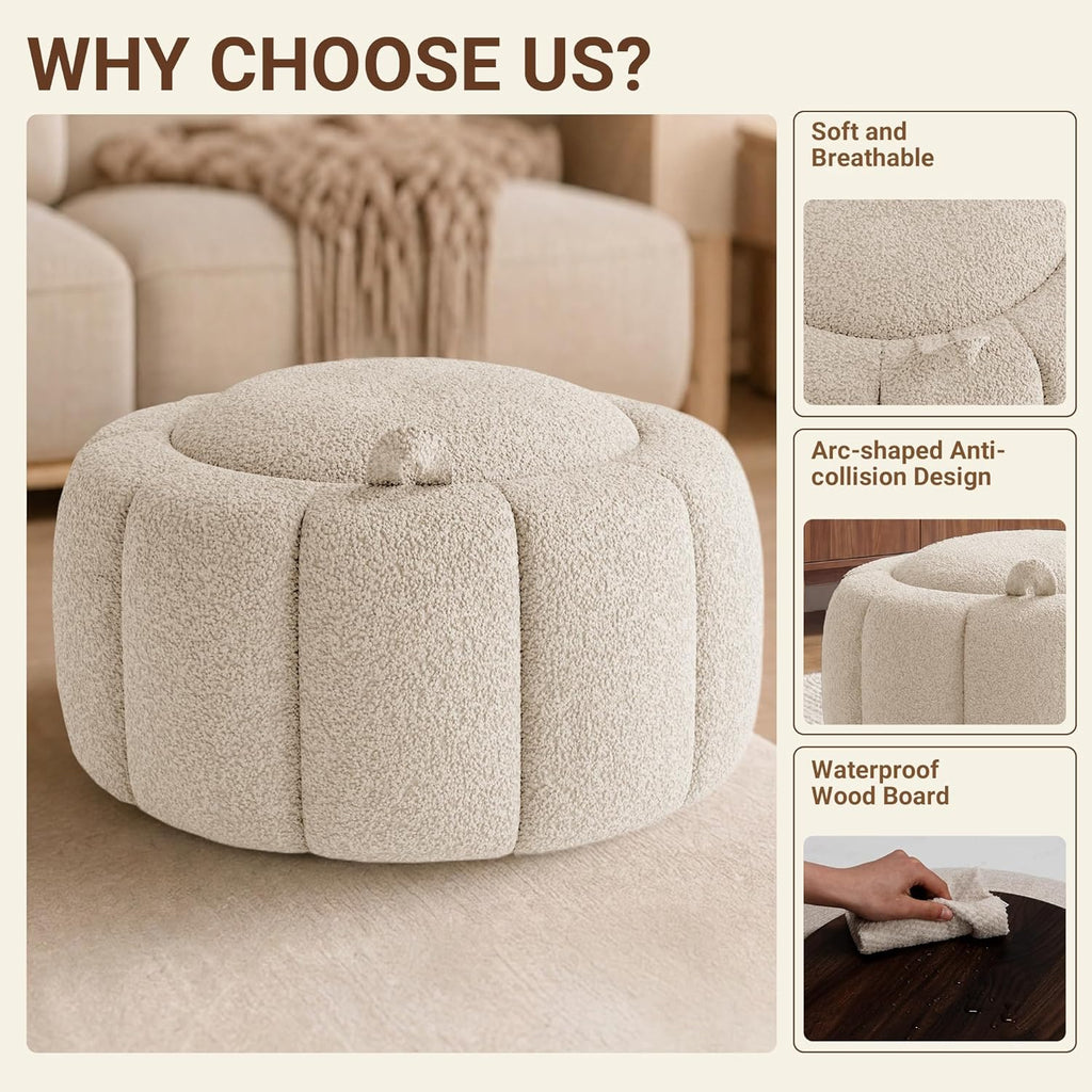Tbfit Round Storage Ottoman - No Assembly Required, Storage & Sturdy Structure Multi-Functional Seat/Footrest for Living Room, Bedroom & Kids Room Soft Fabric for Family Home Use, White