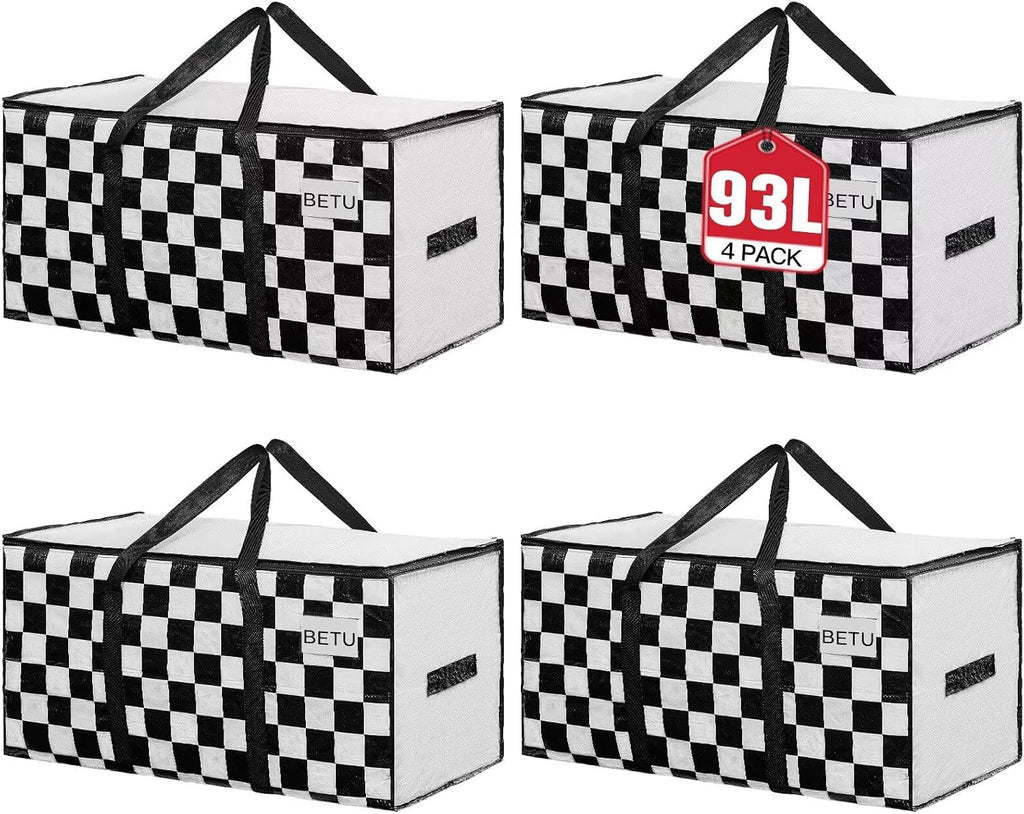 BETU 4 Pack Moving Bags Moving Storage College Dorm Camping Packing Travel PE Heavy Duty, Sturdy Handle, Zipper Large Storage Tote Bag Moving Boxes Box Alternative - White Plaid 29L x 15W x 15H