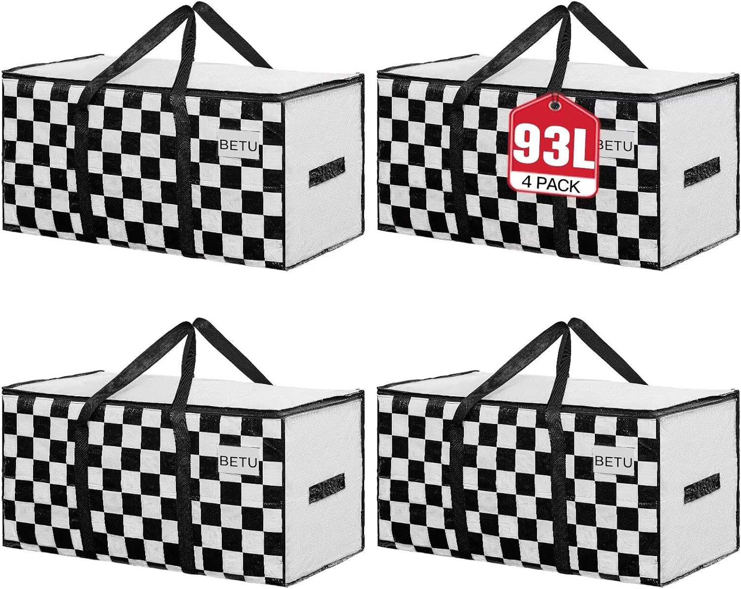 BETU 4 Pack Moving Bags Moving Storage College Dorm Camping Packing Travel PE Heavy Duty, Sturdy Handle, Zipper Large Storage Tote Bag Moving Boxes Box Alternative - White Plaid 29L x 15W x 15H