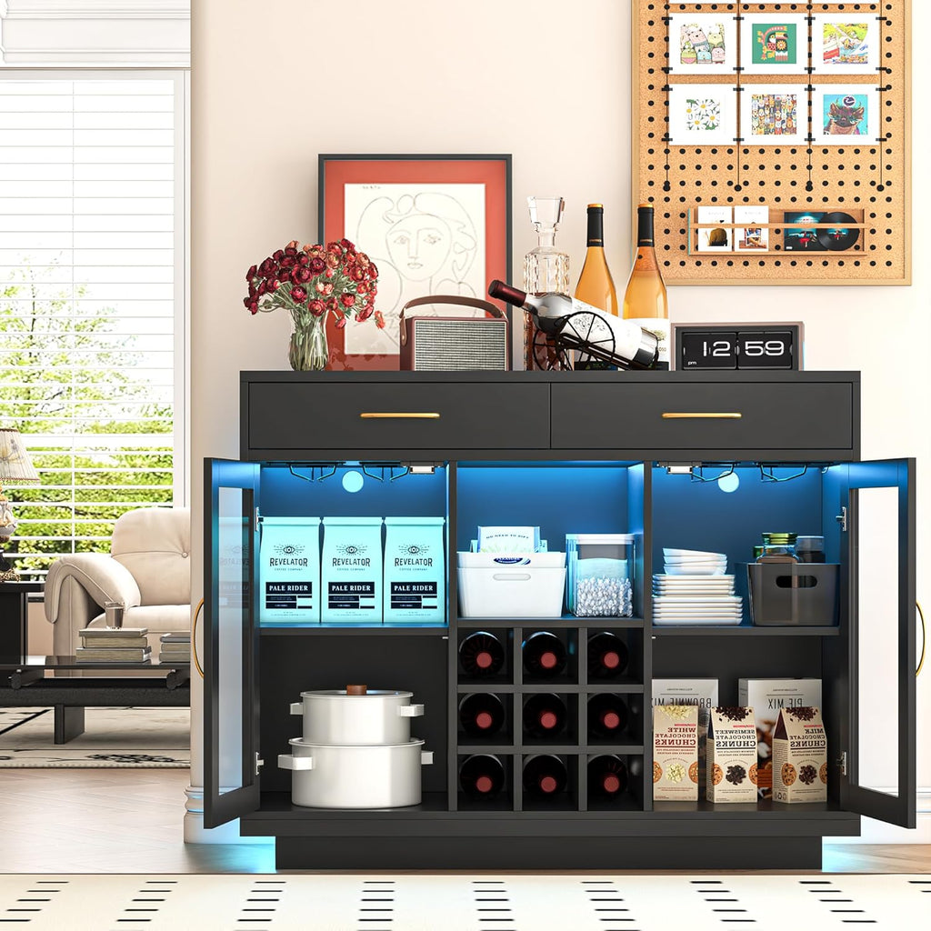 knoworld Wine Bar Cabinet with LED Lights, Coffee Bar Cabinet with Wine and Glass Rack, Black Bar Cabinet Liquor Cabinet, Kitchen Buffet Sideboard with Storage for Living Room, Dining Room