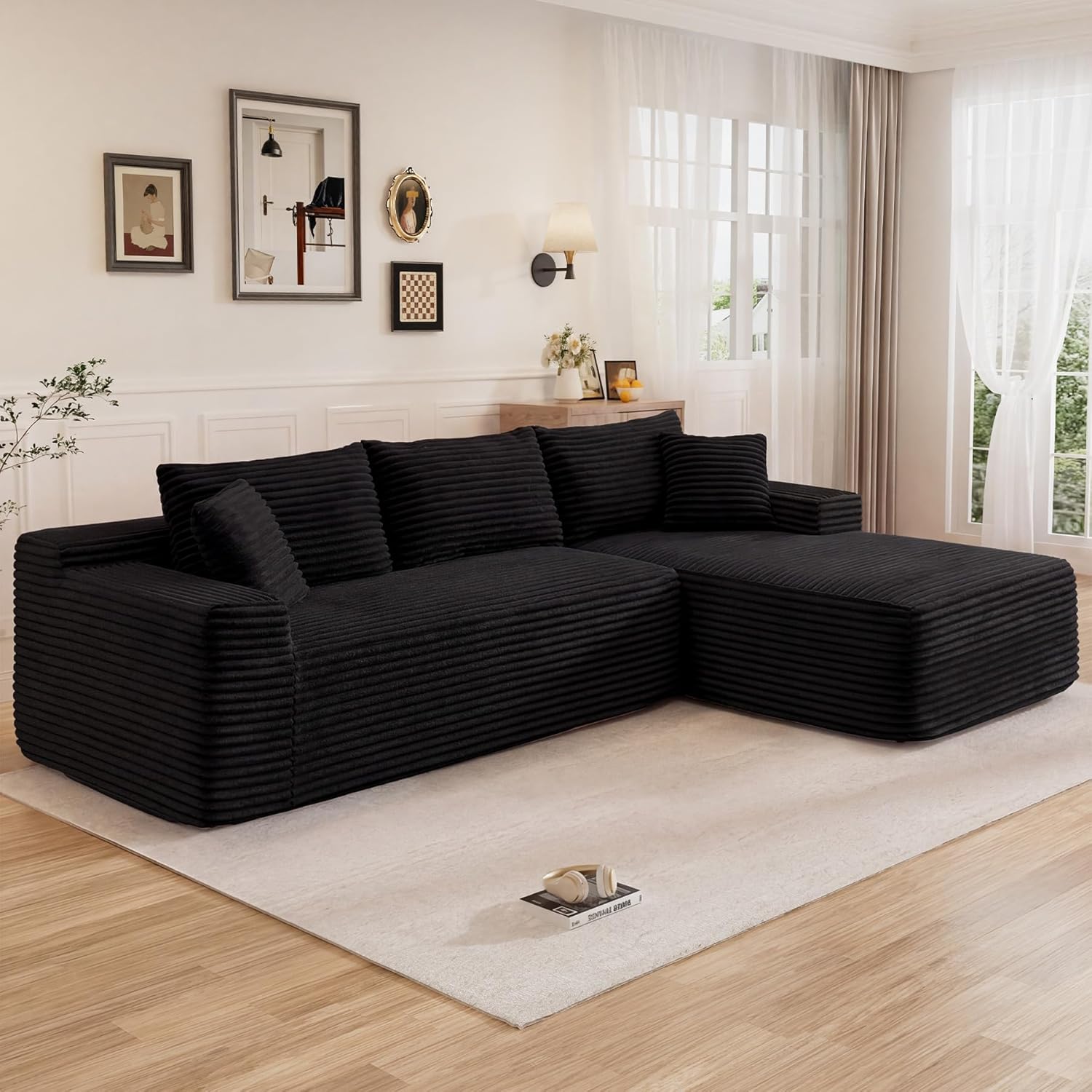 95" L Shaped Cloud Boneless Sectional Couches for Living Room, Modern Comfy Modular Deep Seat Memory Foam Compressed Corduroy Sofa Oversized Right Facing Chaise, No Assembly Required, Balck
