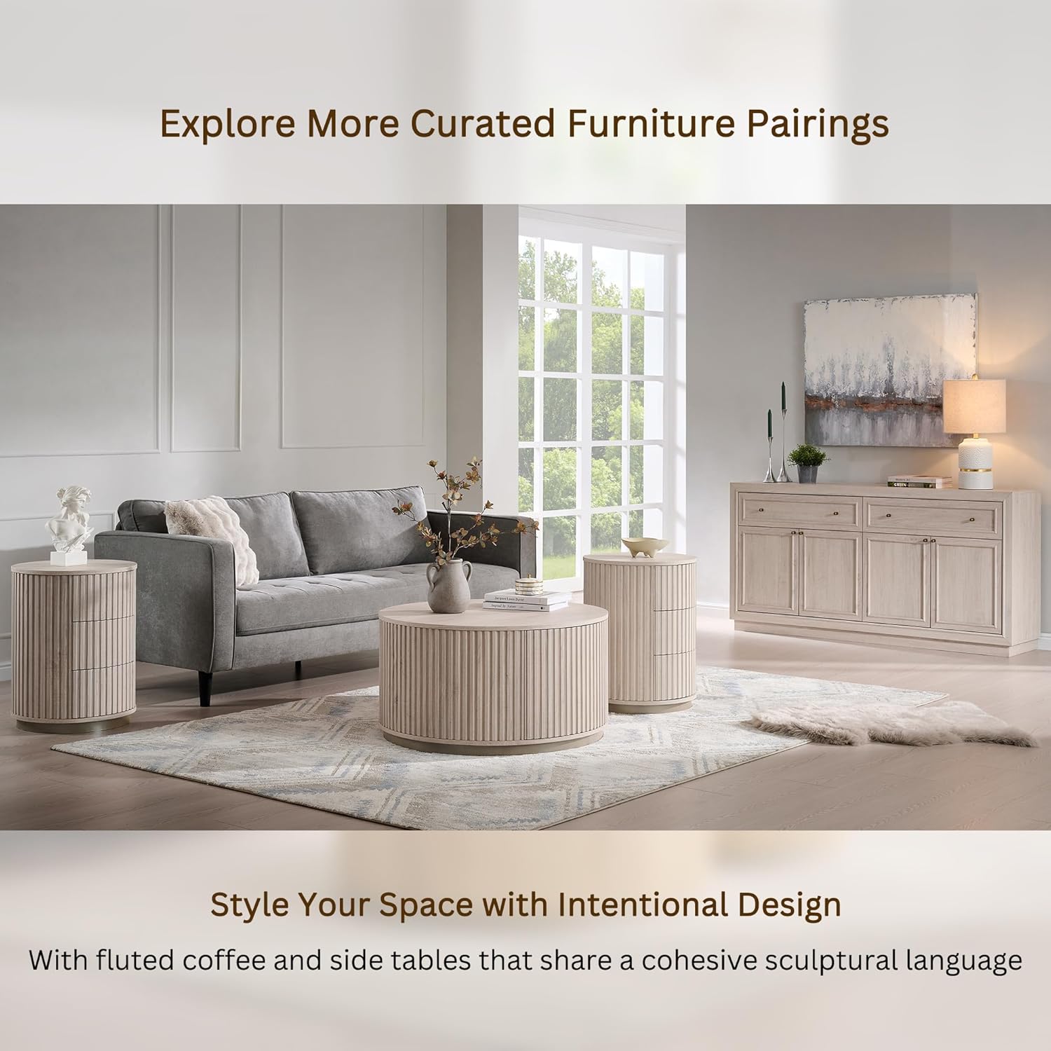 JXQTLINGMU Fluted Nightstand with 3 Push-to-Open Drawers, 24" Tall Round Side Table, Modern Wood End Table for Bedroom, Living Room or Small Spaces, White Alder