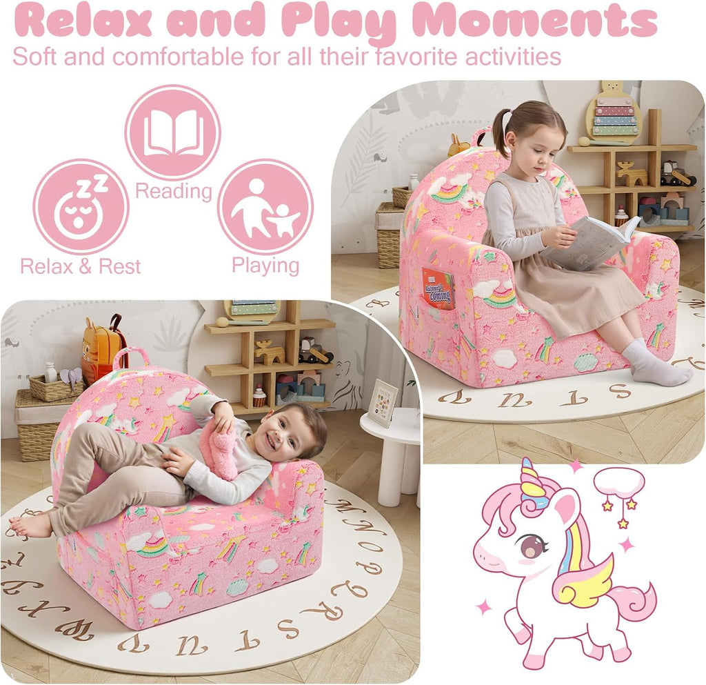 MeMoreCool Comfy Kids Chair for Ages 3+, Glow Unicorn Kids Reading Chair, Soft Plush Kids Armchair, Cozy Foam Kids Armchair for Kids Room, Living Room, Playroom, Reading Nook