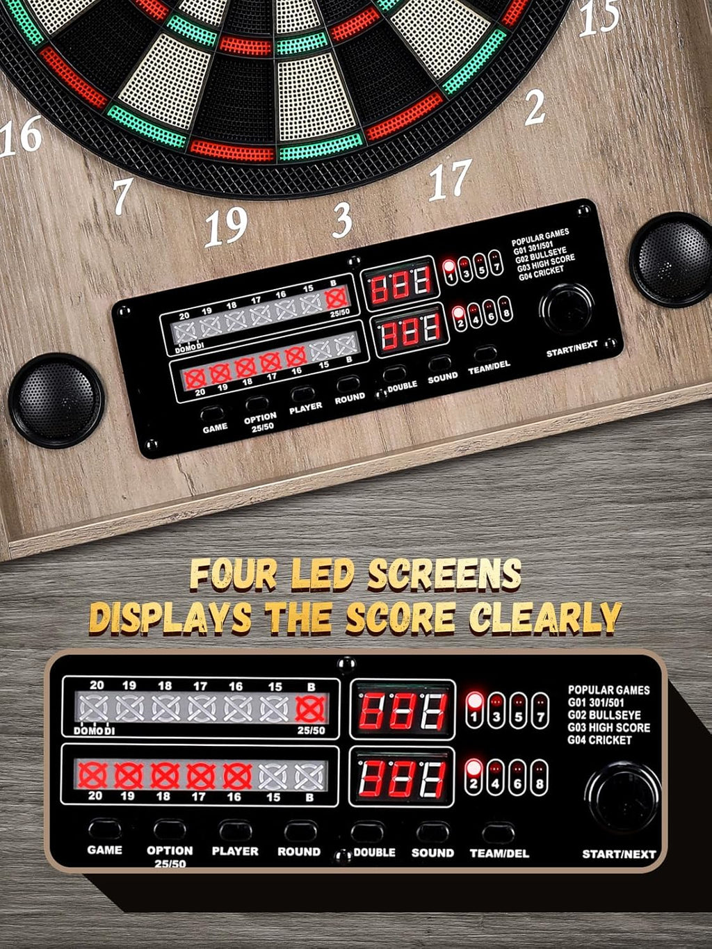Electronic Dart Board, Decorative Dart Board Cabinet Set for Adults [12*Bronze Soft Tip Darts] [Cricket Game Mode]- Wooden Electric Dartboard Cabinet for Family Game Rooms