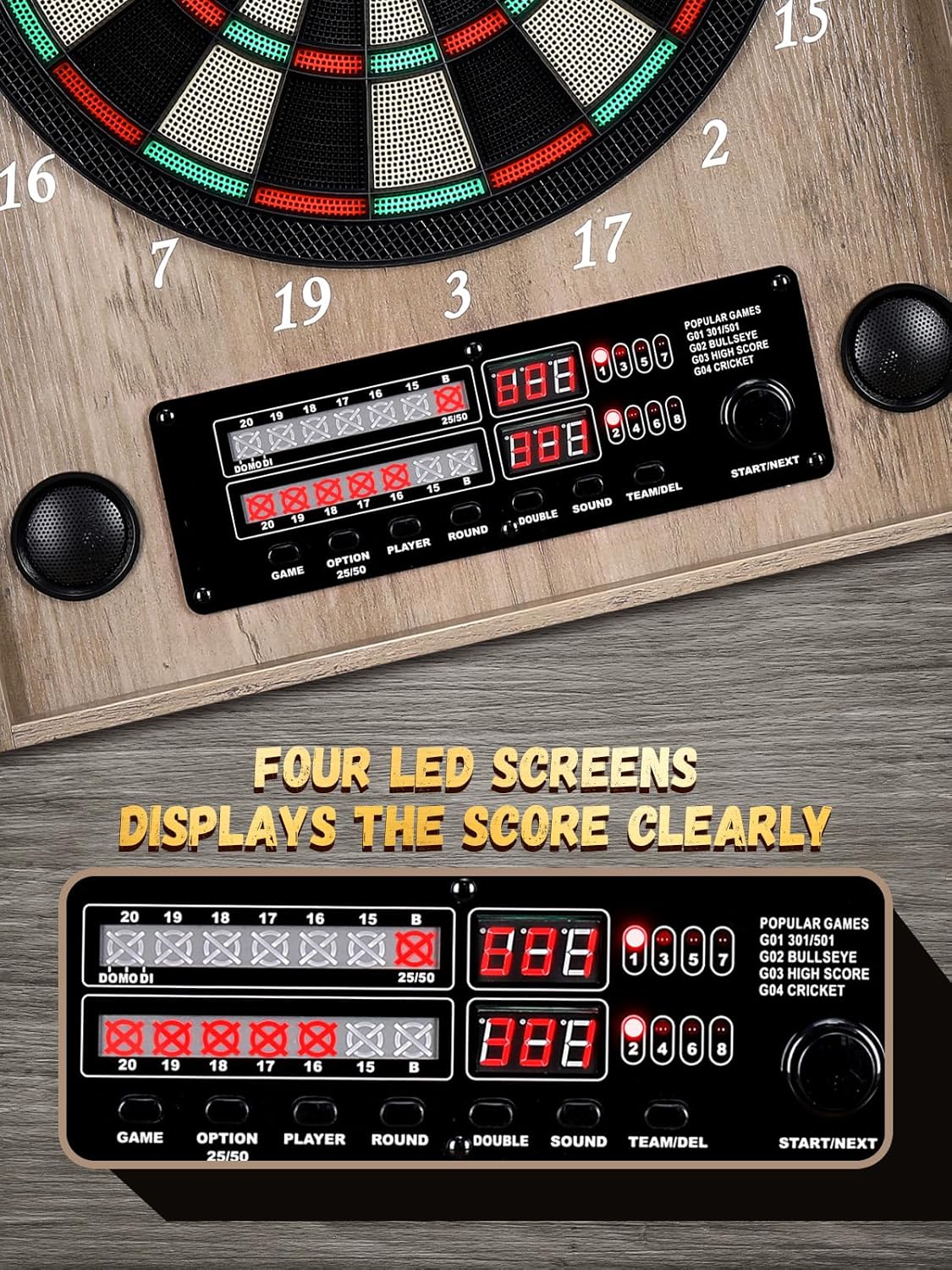 Electronic Dart Board, Decorative Dart Board Cabinet Set for Adults [12*Bronze Soft Tip Darts] [Cricket Game Mode]- Wooden Electric Dartboard Cabinet for Family Game Rooms