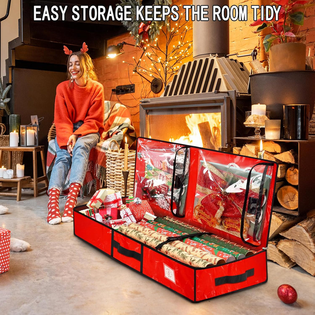 HikooLSS Wrapping Paper Organizer Storage Container for Christmas Holiday Gift Wrap Storage 43.2" Durable PE Underbed Storage Container with Interior Pockets Fits 24 Paper Rolls (Red)
