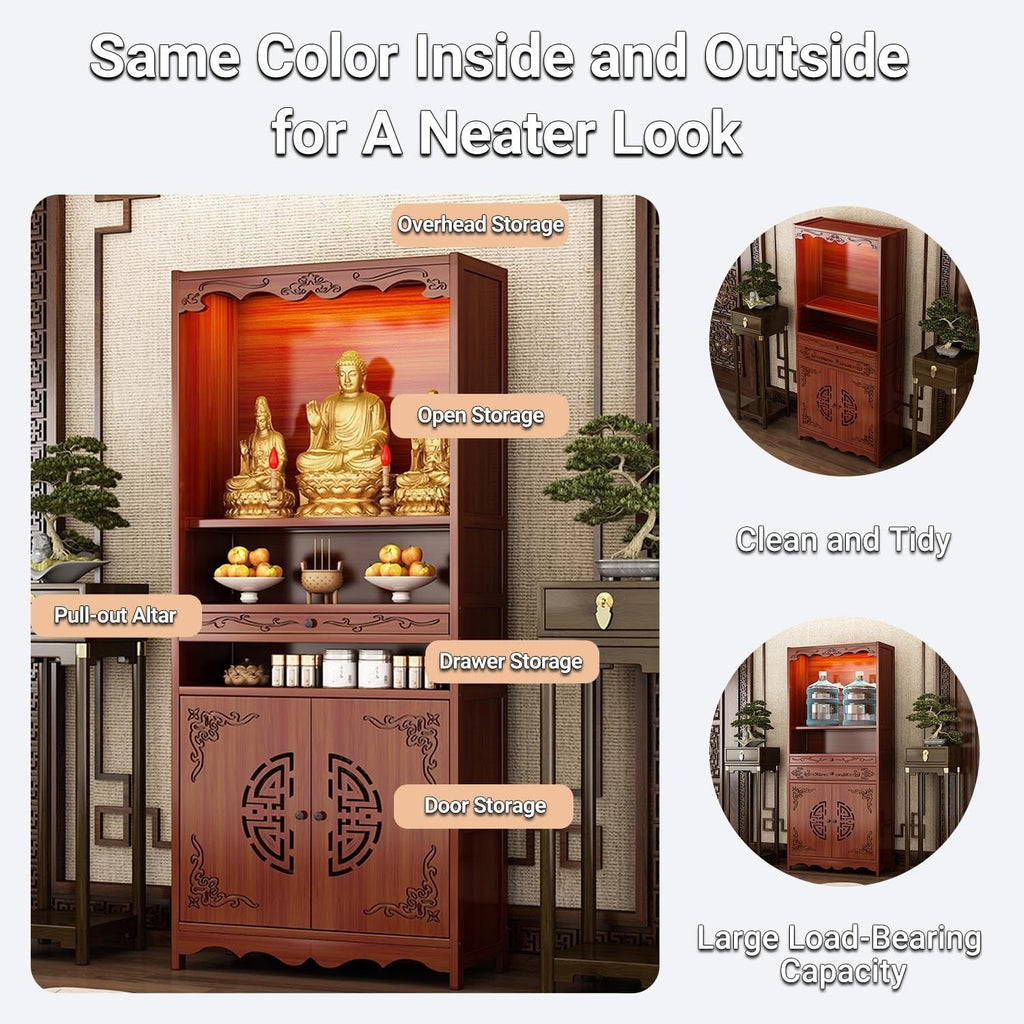 Altar Cabinet, Pooja Cabinet, Thick Bamboo Altar Table, Personal Meditation Temple for Temples and Homes, Meditation Shrine with Drawers & Storage(Style A,53cm/20.8in)