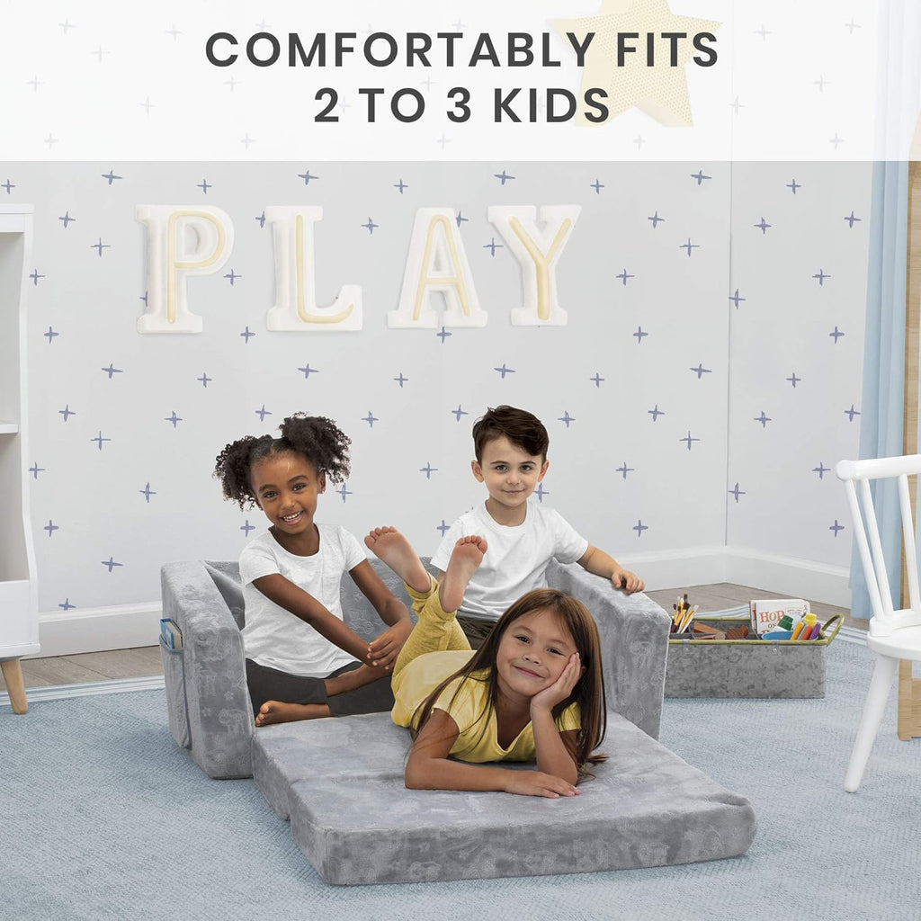 Delta Children 4-Piece Toddler Playroom Set, Grey/White & Serta Perfect Extra Wide Convertible Sofa to Lounger, Comfy 2-in-1 Flip Open Couch/Sleeper for Kids, Grey