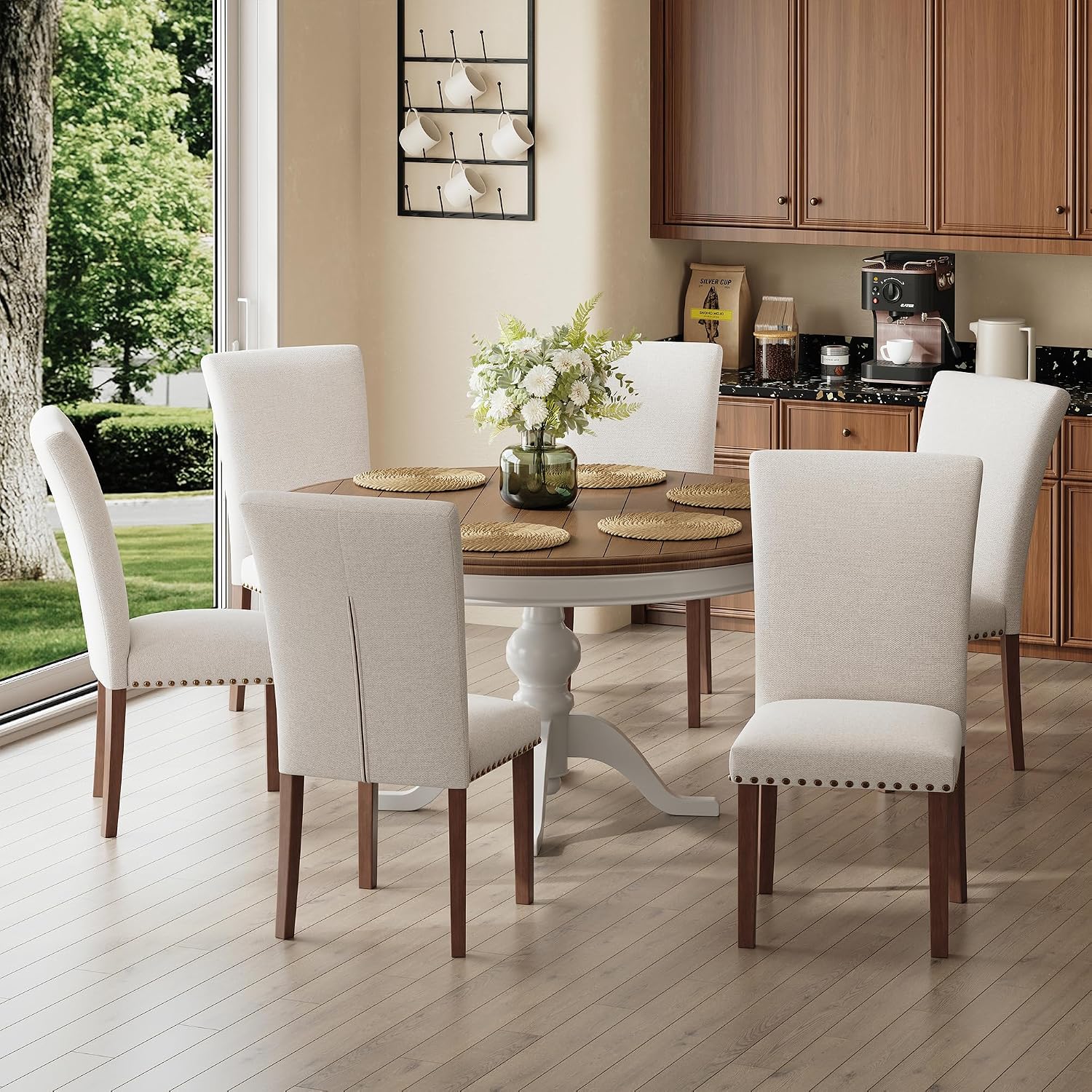COLAMY Upholstered Parsons Dining Chairs Set of 2, Fabric Dining Room Kitchen Side Chair with Nailhead Trim and Wood Legs - Beige