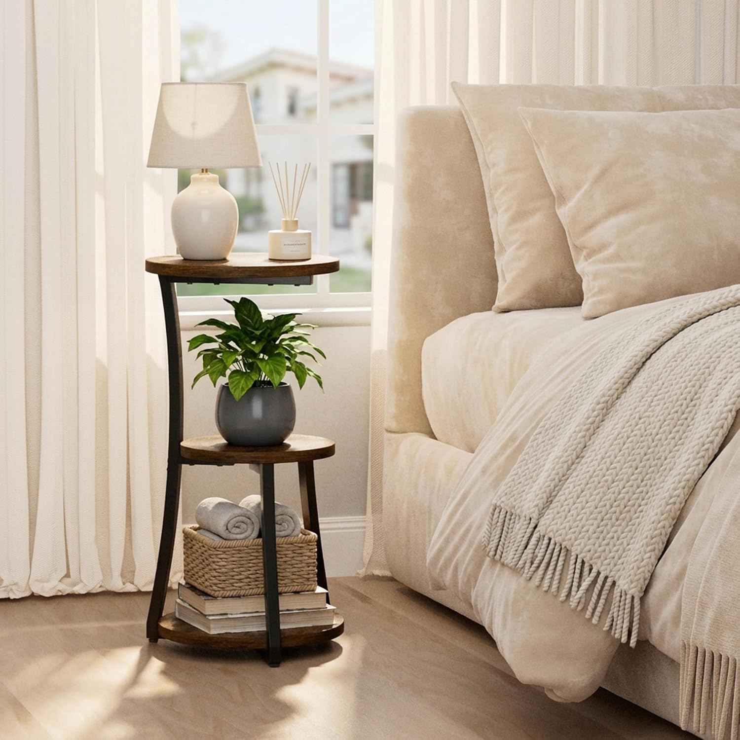 Small Side Table, 3-Tier Round End Table for Small Spaces, Vintage Accent Table for Living Room Sofa Couch Bedroom, 11.8" Corner Nightstand Wood Metal Coffee Table with Storage Shelf, Rustic Brown