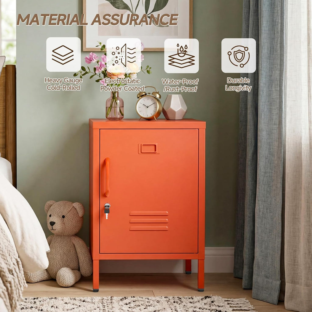 Lockable Metal Nightstand with Door, Industrial Storage Locker End Table, Small Bedside Table for Bedroom Living Room Dorm, Orange