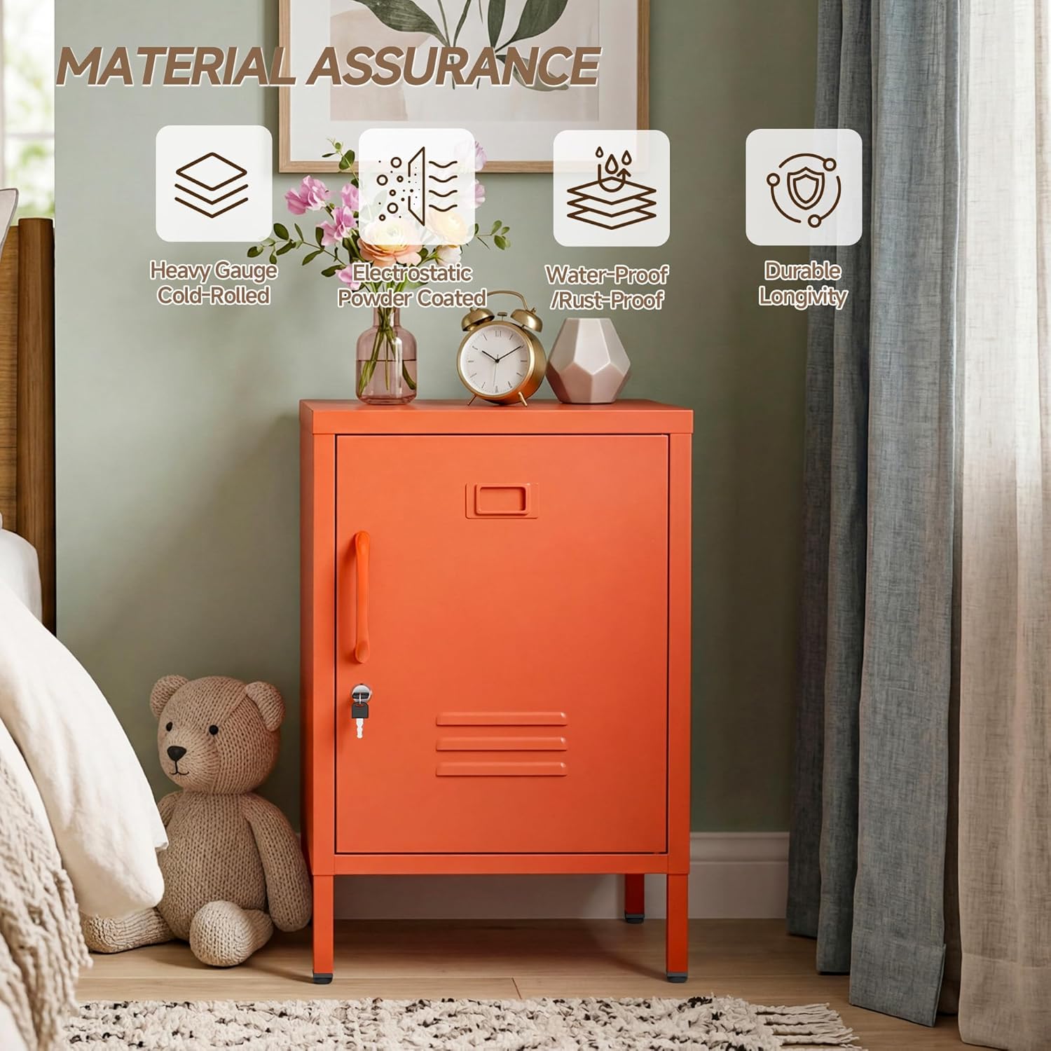 Lockable Metal Nightstand with Door, Industrial Storage Locker End Table, Small Bedside Table for Bedroom Living Room Dorm, Orange