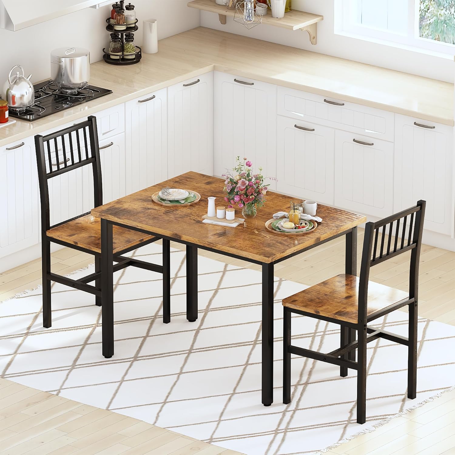 AWQM 3 Piece Dining Table Set for 2, Small Kitchen Table Set for 2 with Chairs,Wood Breakfast Nook Table and Chairs Set of 2,Dinette Set for Small Space,Dining Room,Apartment, Brown