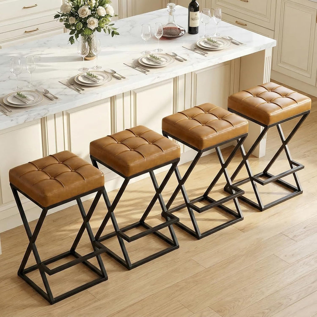 26 Inch Counter Height Bar Stools Set of 2, Backless Bar Stools for Kitchen Island, Faux Leather Upholstered Seat Modern Counter Stools with X-Frame Metal Legs and Footrest Walnut Brown