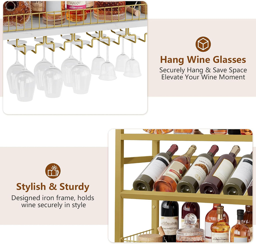 Hoctieon Wall Mount Wine Rack, Wall Mounted Wine Bottle Rack for Display and Storage, Hanging Bottle Holder, for Living Room, Dining Room, Bar, Wine Cellar, Gold&White