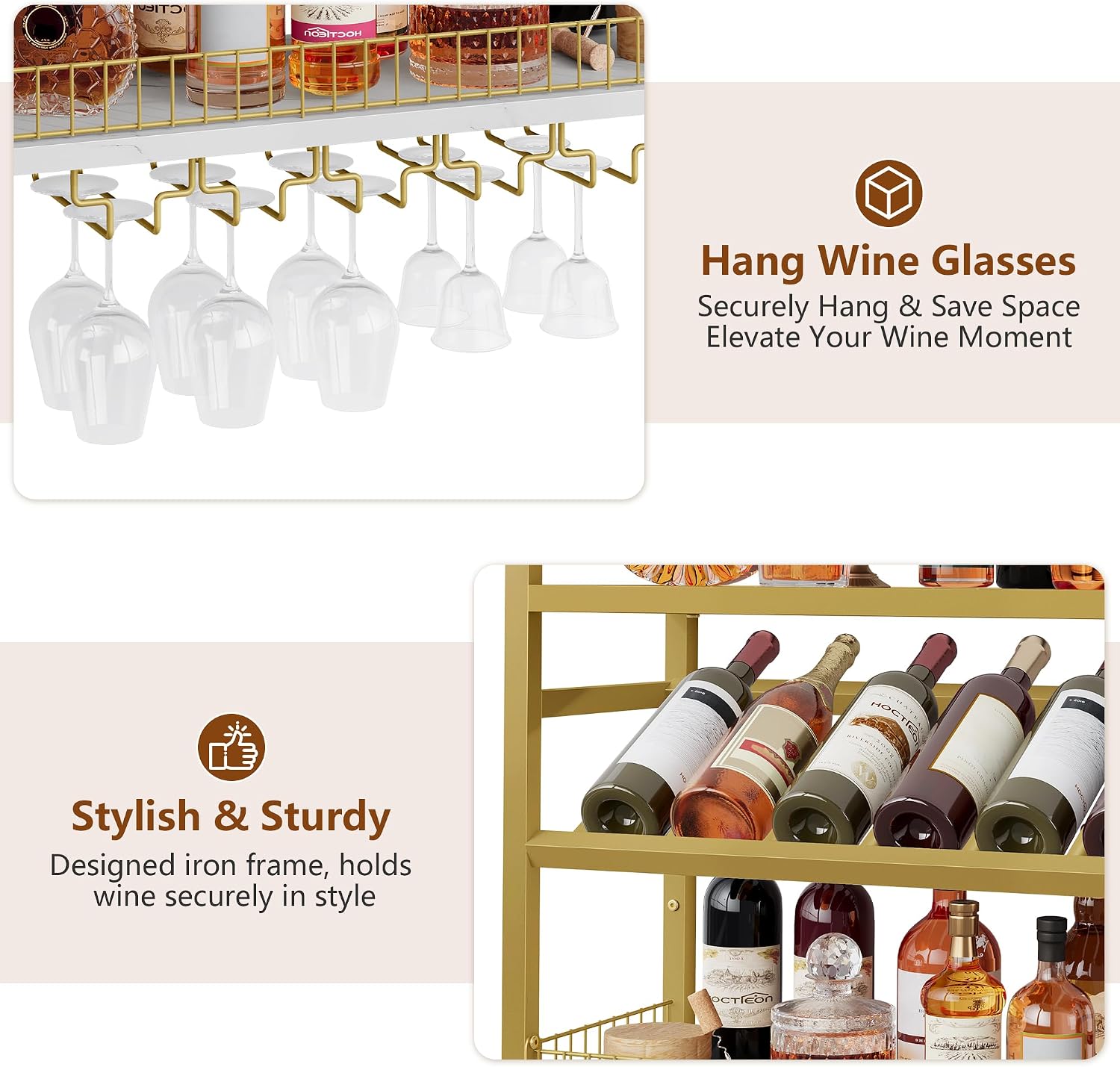 Hoctieon Wall Mount Wine Rack, Wall Mounted Wine Bottle Rack for Display and Storage, Hanging Bottle Holder, for Living Room, Dining Room, Bar, Wine Cellar, Gold&White