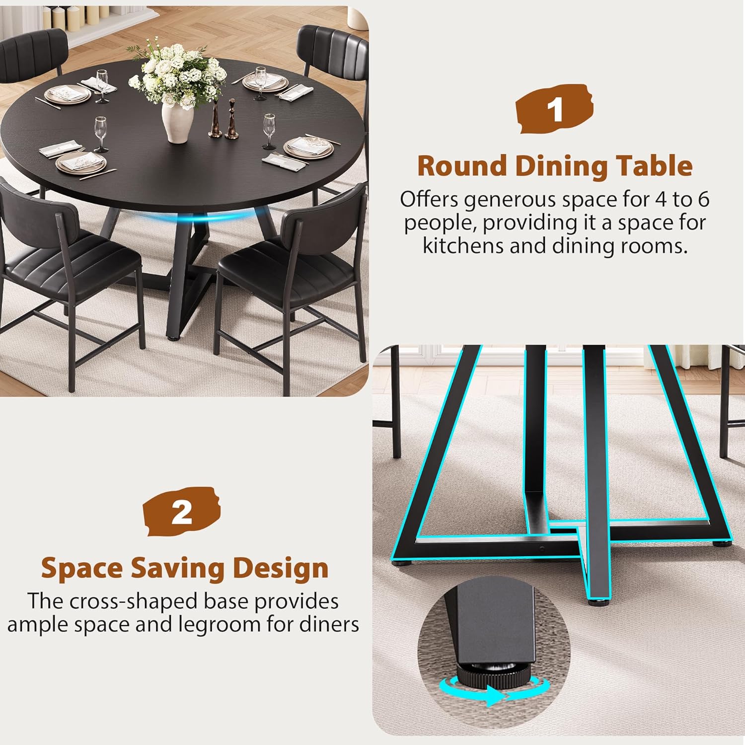 Round Dining Table Set for 6, Kitchen Table and Chairs for 6, Circle Table Round Pedestal Dining Room Dinner Dinette Table Set,7 Piece Space Saving Wood Kitchen & Dining Room Tables (Black, 51In)